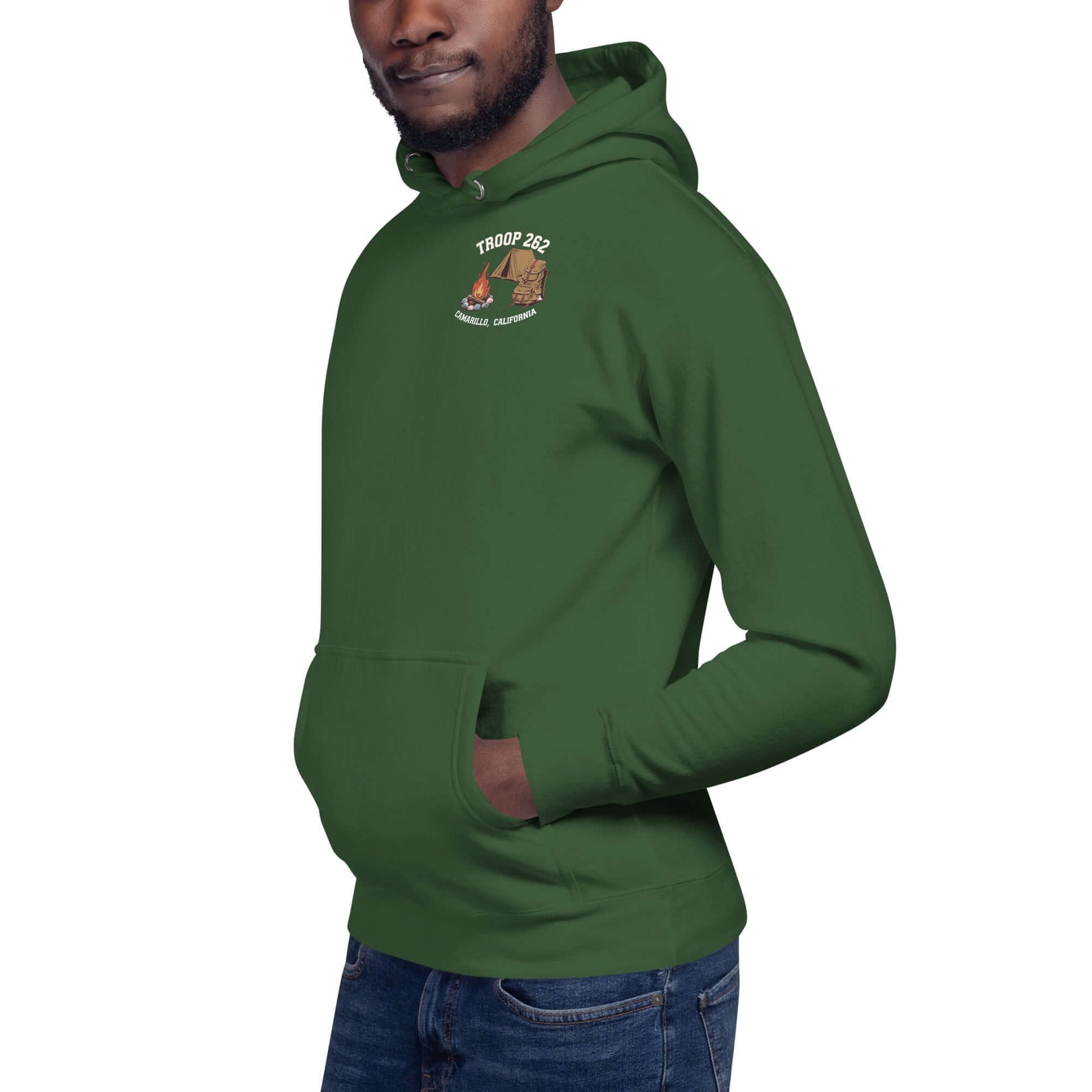 Adult Unisex Hoodie in green featuring Troop 262 logo, perfect for Assistant Scout Masters and camping enthusiasts.