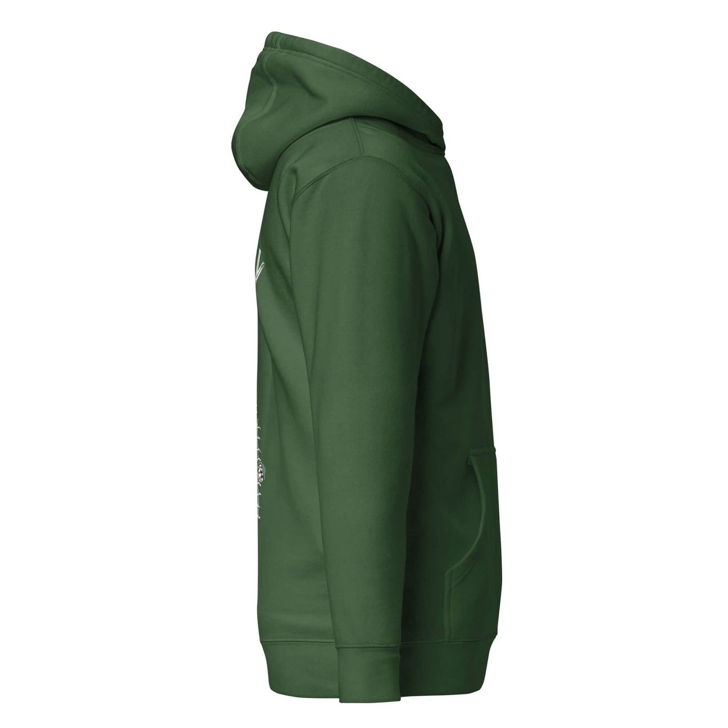 Green Ultimate Comfort Hoodie with front pouch pocket, side view - No Mercy Pickleball Series. Cozy and stylish blend of cotton and polyester.