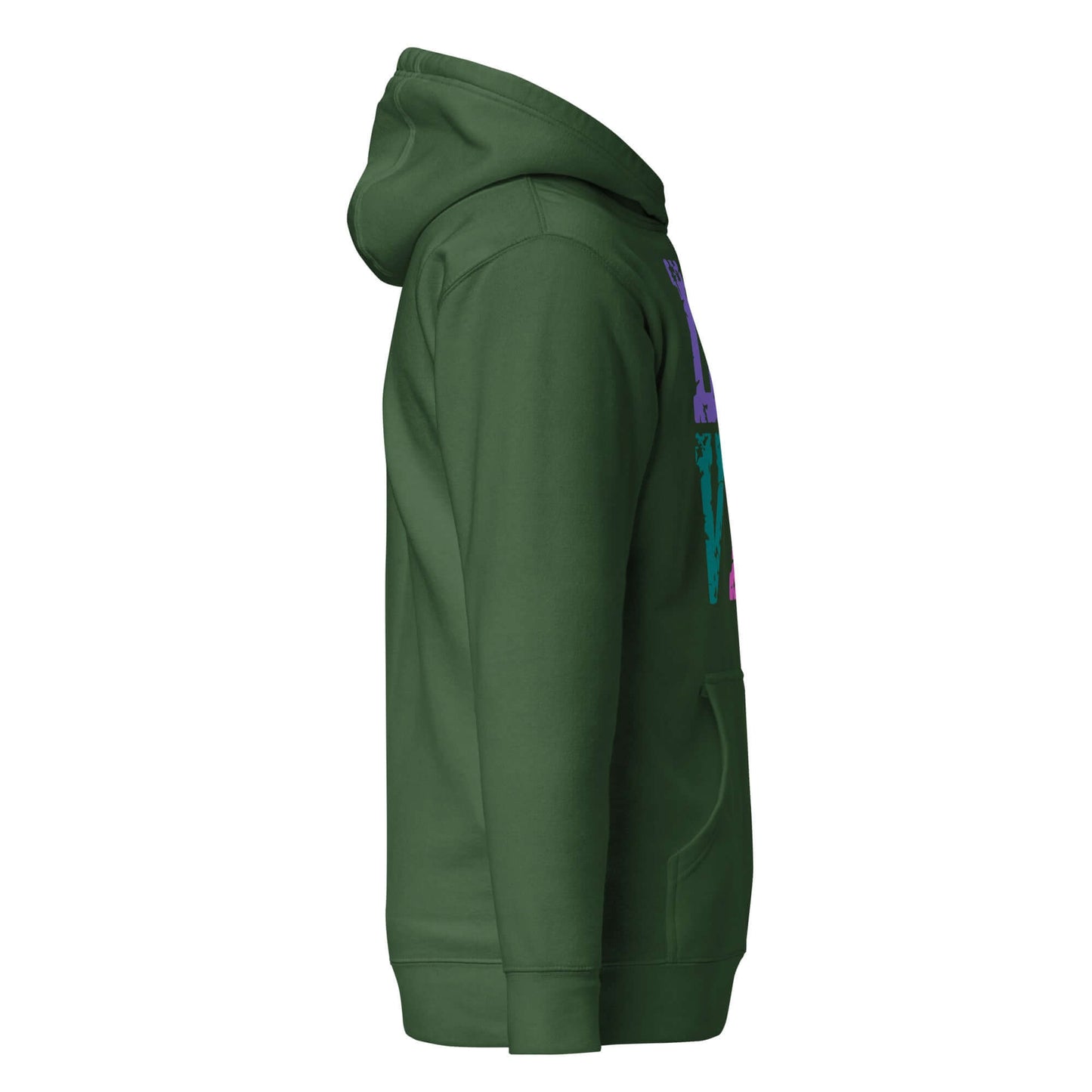 Women’s LOVE Pickleball Hoodie in green, showcasing side view and colorful design, perfect for pickleball enthusiasts.