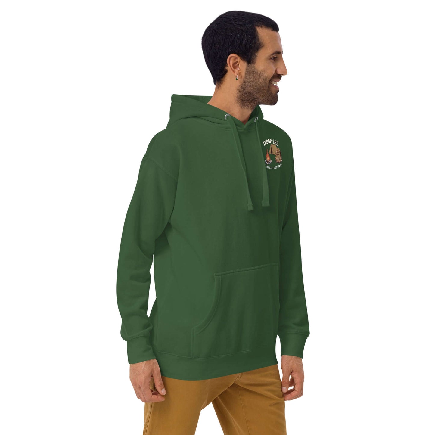 Adult unisex green hoodie featuring Troop 262 design, perfect for Assistant Scout Masters in camping activities.