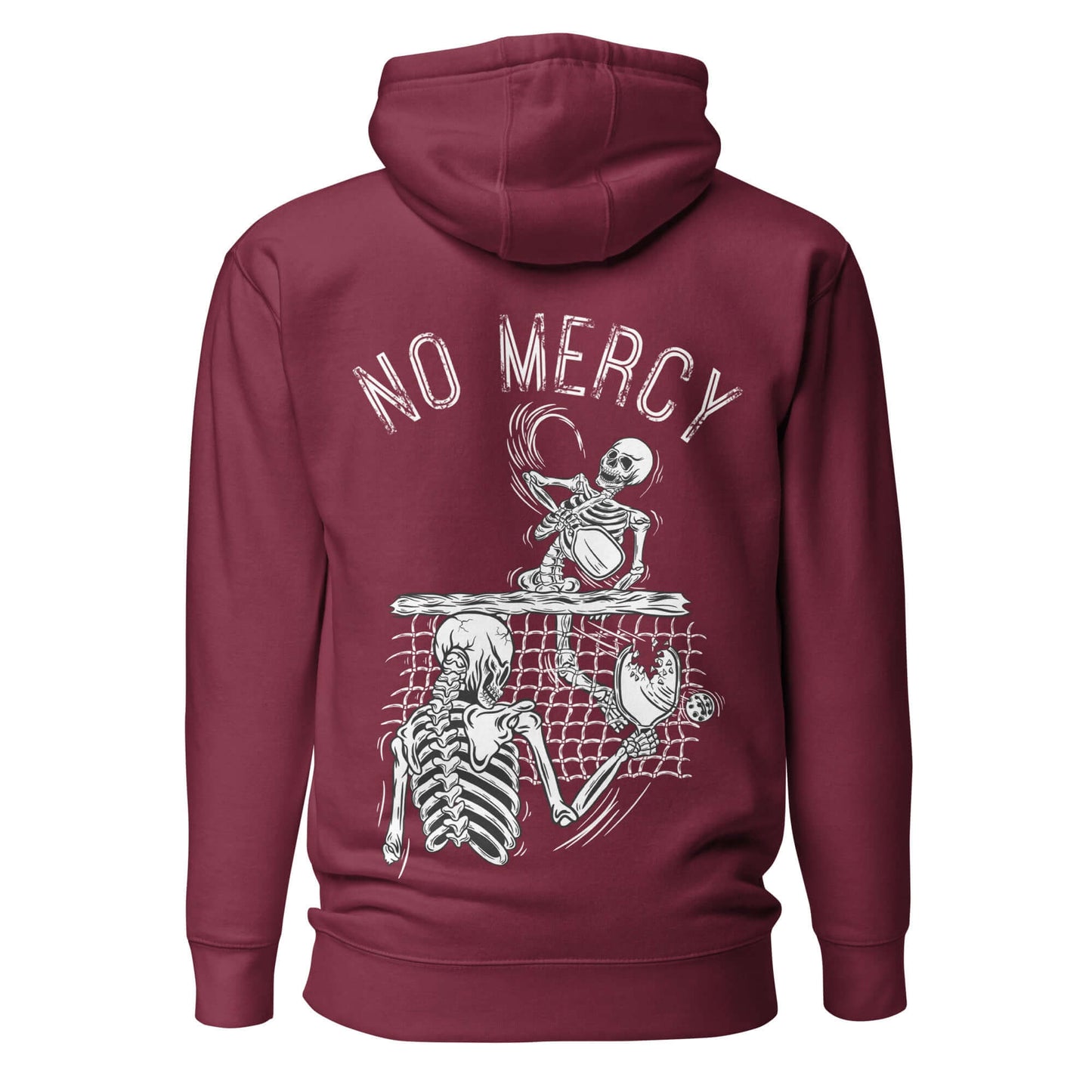 Maroon pickleball hoodie with "No Mercy" skeleton graphic design on the back.