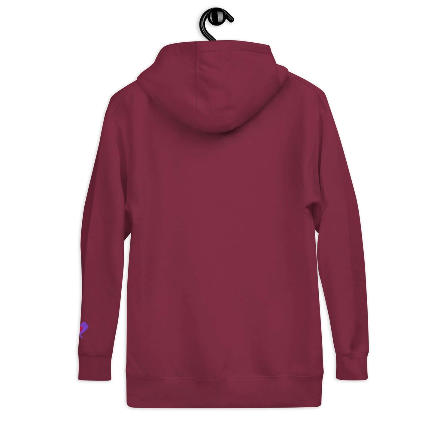 Back view of Women’s LOVE Pickleball Hoodie in burgundy, showcasing cozy design and vibrant details.