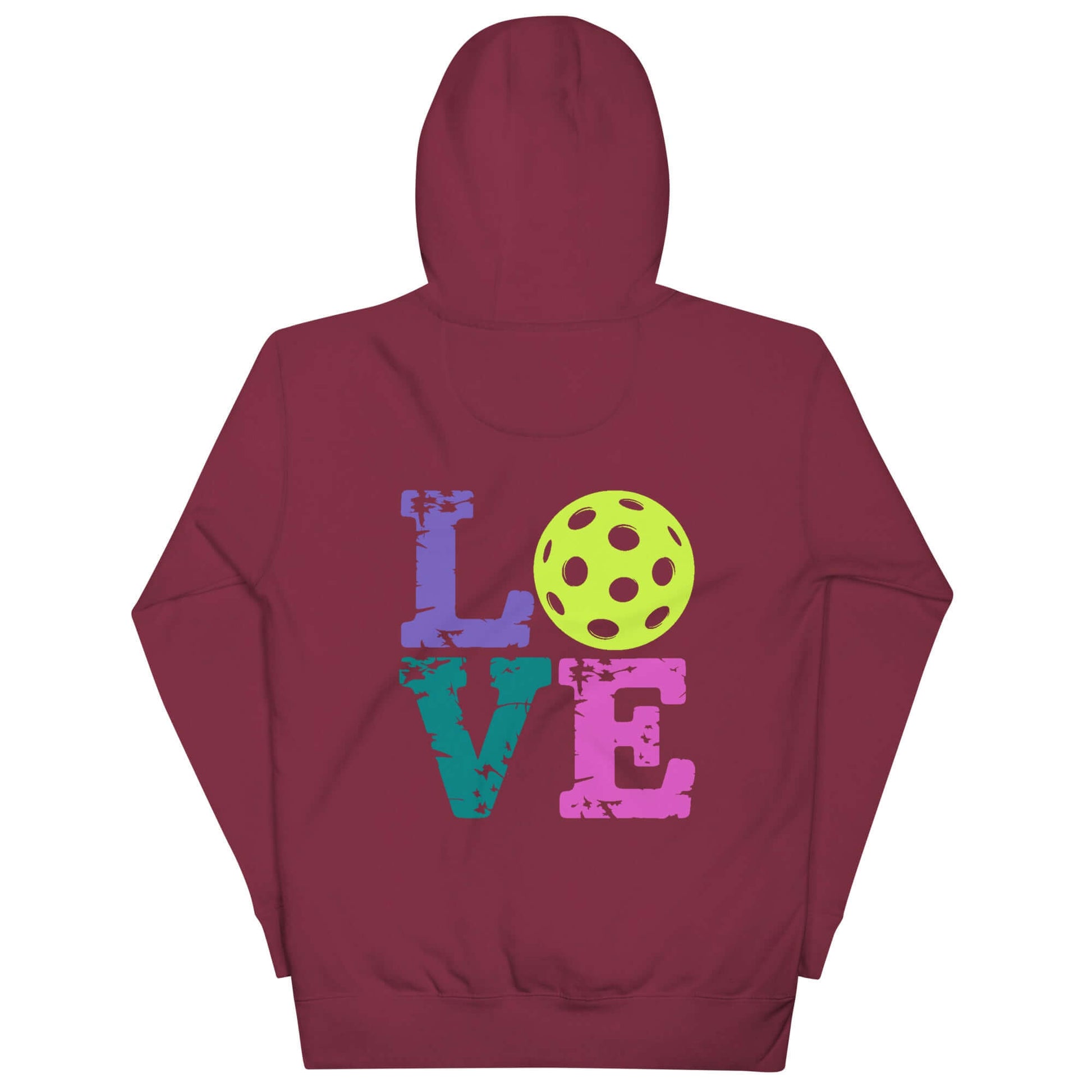 Back view of Women’s LOVE Pickleball Hoodie featuring colorful LOVE text and a yellow pickleball design.