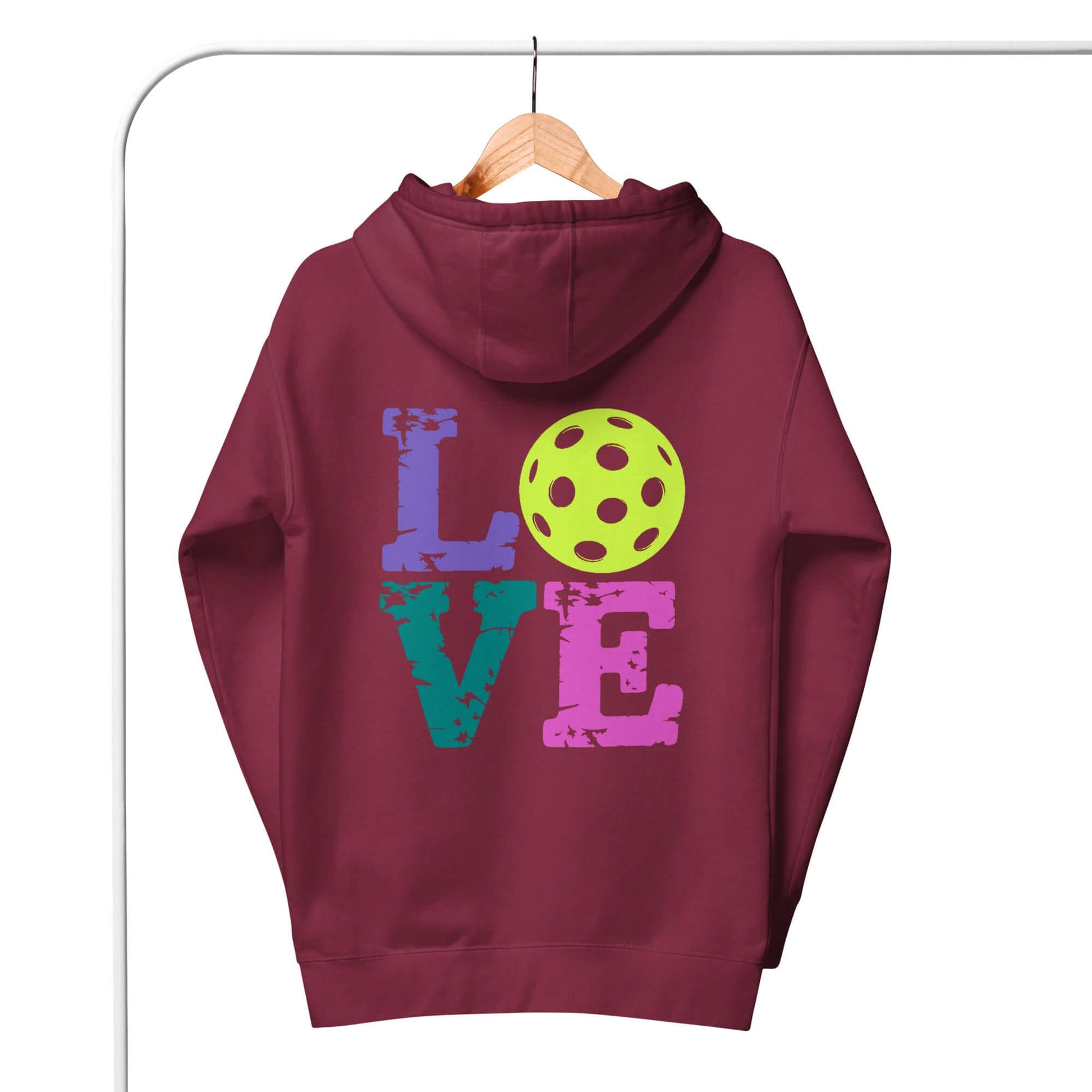 Women's LOVE Pickleball Hoodie in burgundy with colorful lettering and pickleball graphic, perfect for players and fans.