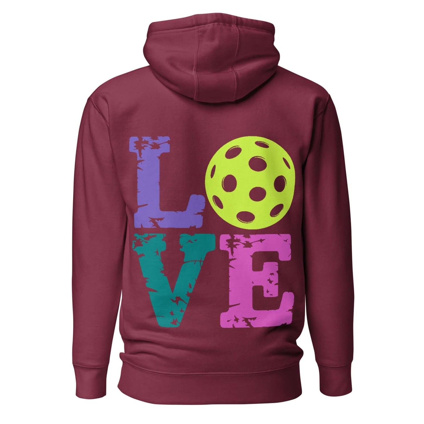 Back view of Women’s LOVE Pickleball Hoodie with colorful lettering and a bright pickleball graphic.