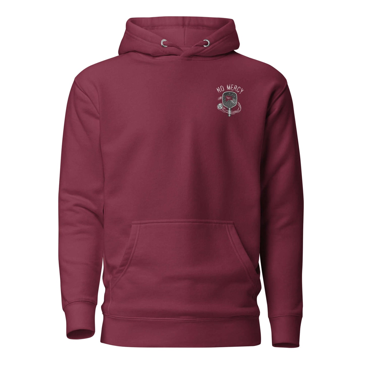 Burgundy No Mercy Pickleball Series Ultimate Comfort Hoodie with front pouch pocket and embroidered logo.