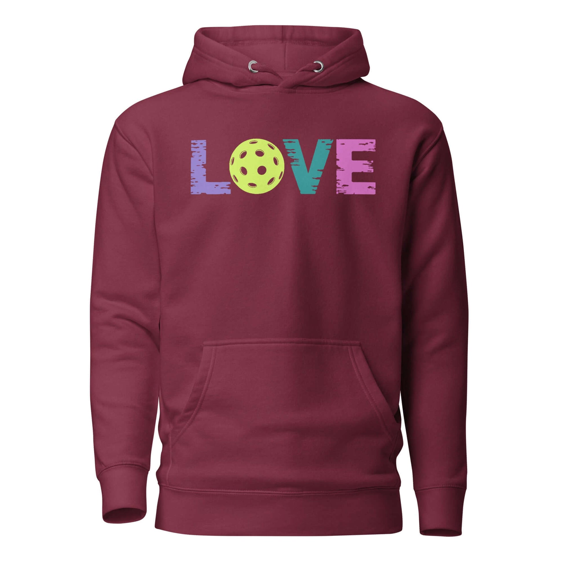 LOVE Pickleball Hoodie featuring bold colorful text and a pickleball design, perfect for comfort on and off the court.