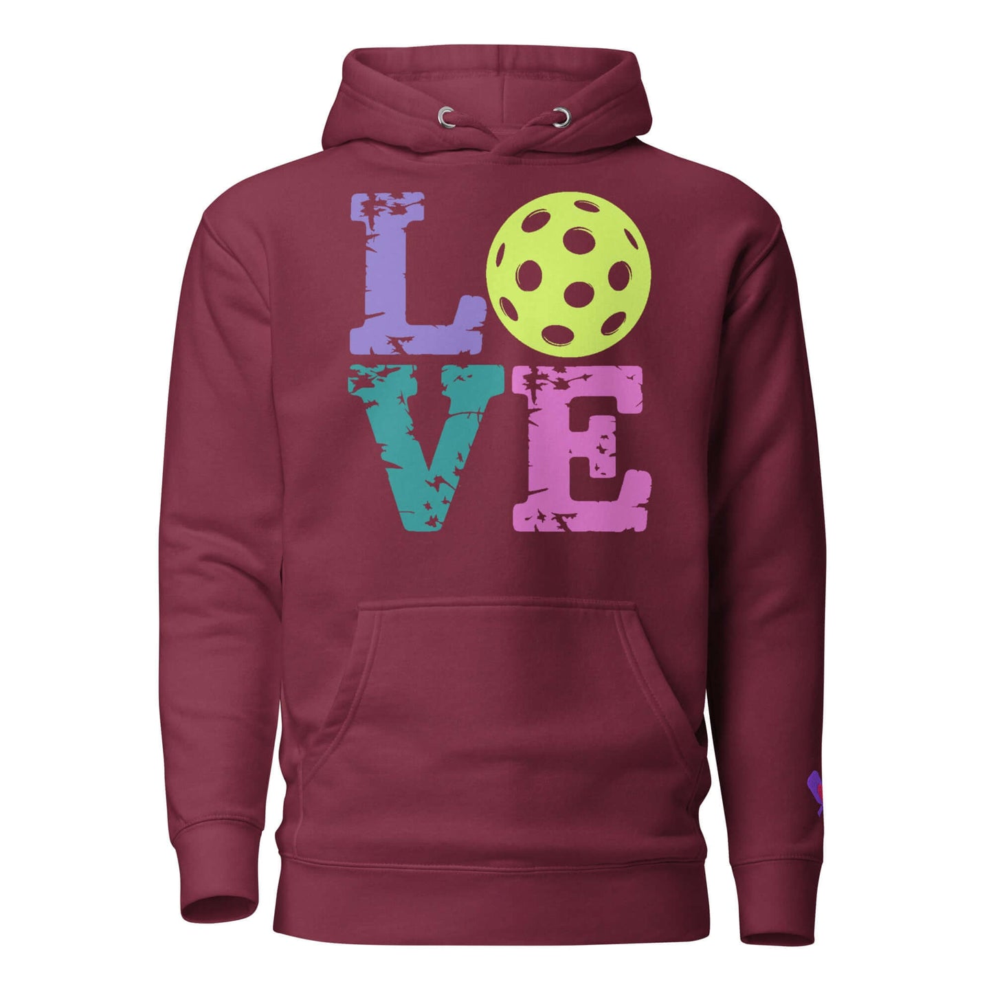 Womens LOVE Pickleball Hoodie in burgundy, featuring colorful text and a pickleball graphic on the front.