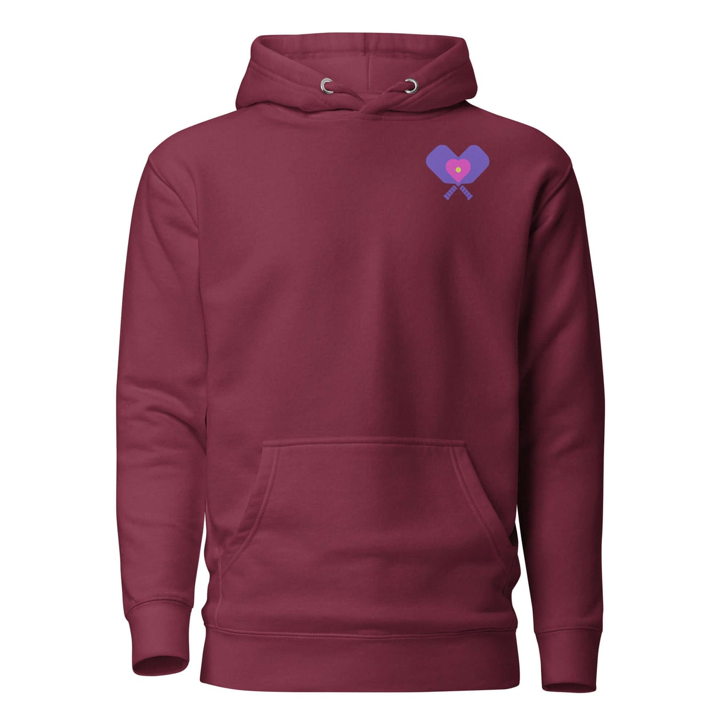 Women's LOVE Pickleball Hoodie in burgundy with heart and paddles design, perfect for players and fans.