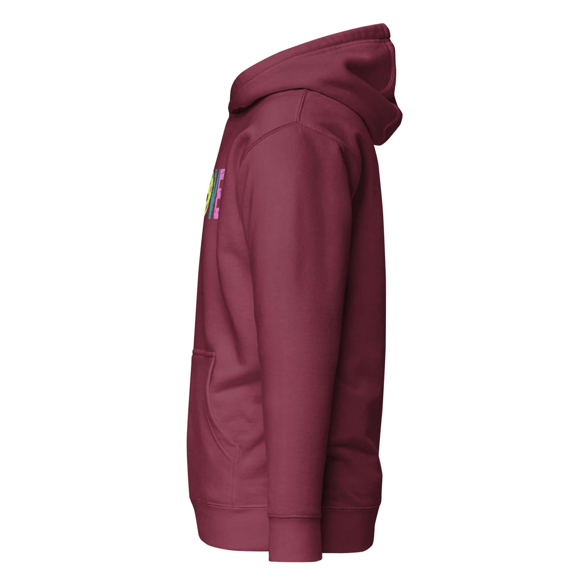 Side view of LOVE Pickleball Hoodie in burgundy, showcasing its soft fabric and functional design for comfort and style.