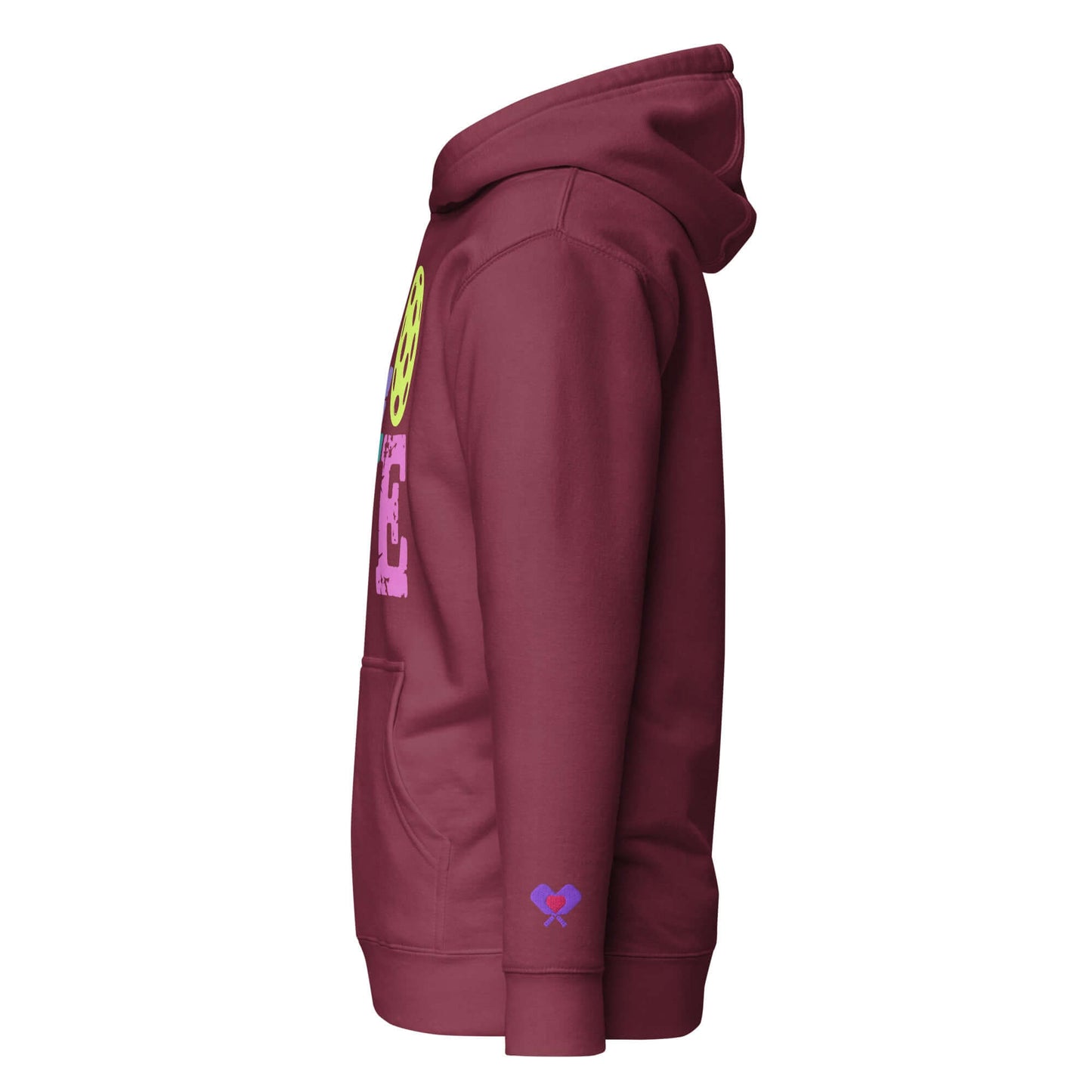 Side view of Women’s LOVE Pickleball Hoodie in maroon with colorful graphics, ideal for pickleball fans.