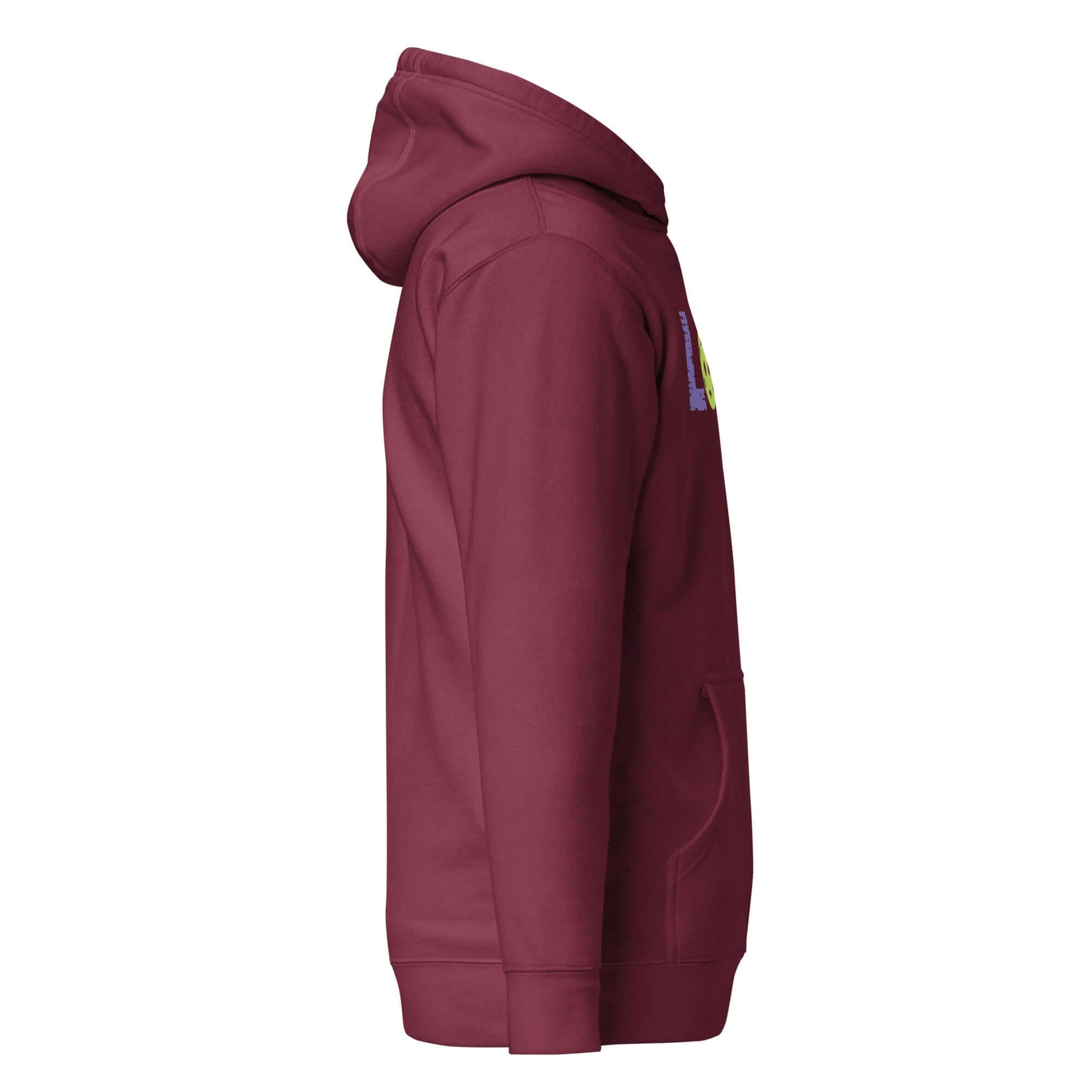 Side view of LOVE Pickleball Hoodie in burgundy, showcasing its soft fabric and stylish design for pickleball fans.