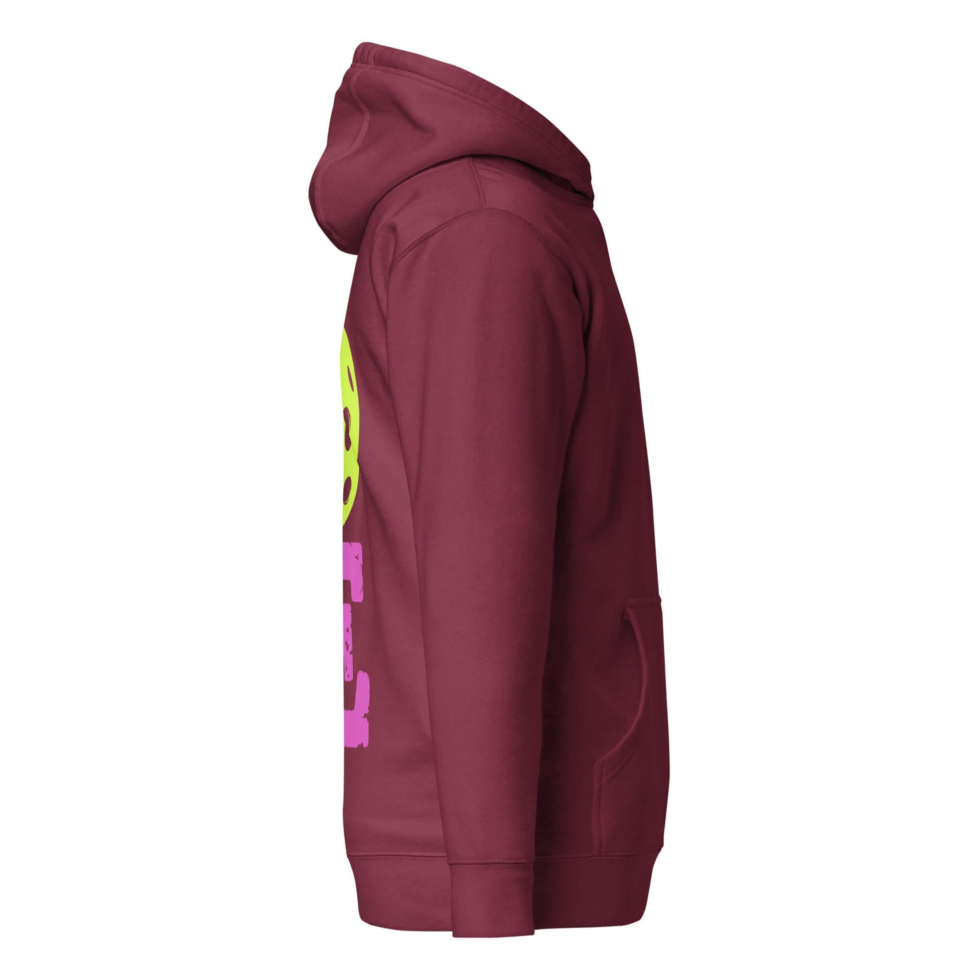 Side view of Women’s LOVE Pickleball Hoodie in maroon, showcasing vibrant pickleball graphics and cozy design.