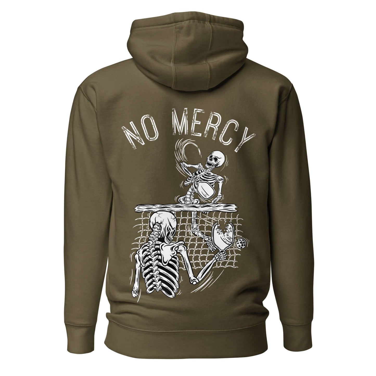 "No Mercy Pickleball Series Ultimate Comfort Hoodie with skeleton graphic design, front pouch pocket, olive green color"