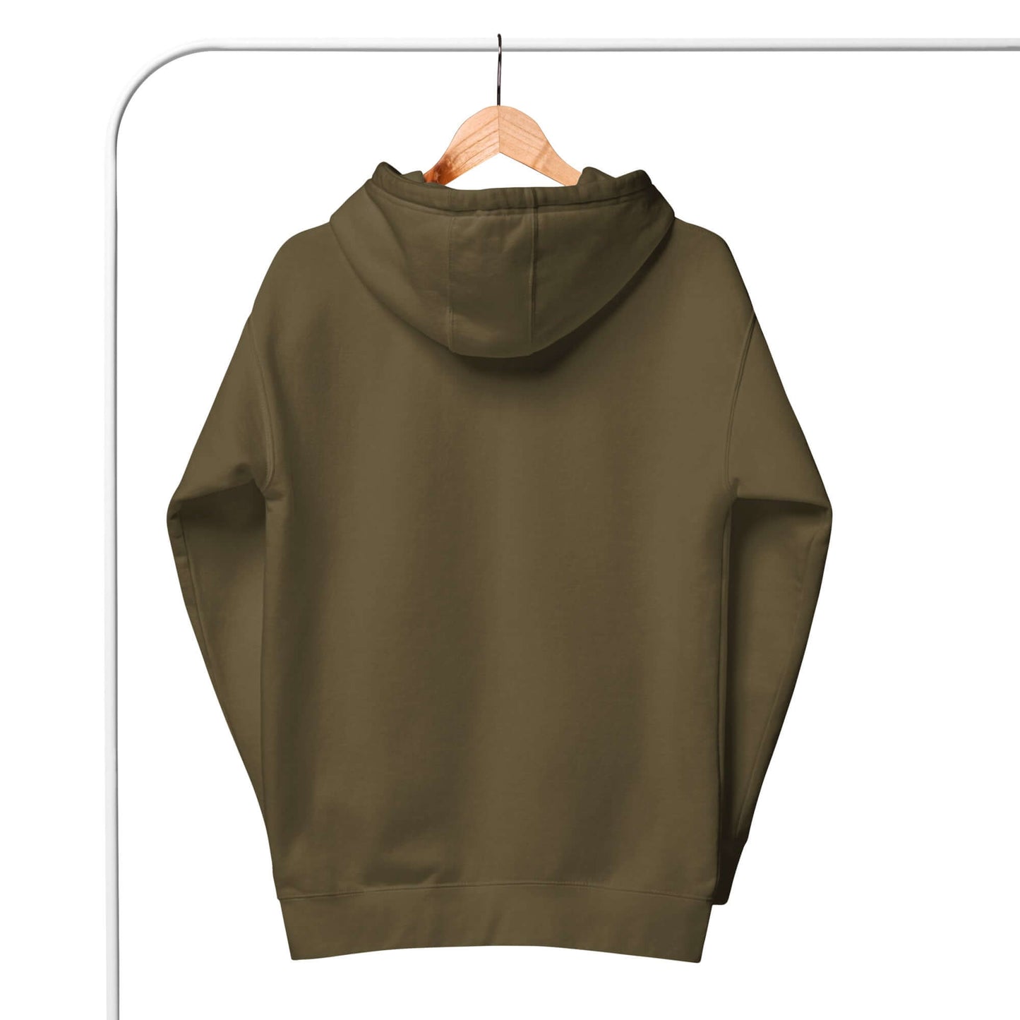 Back view of Women's LOVE Pickleball Hoodie in olive green hanging on a wooden hanger.