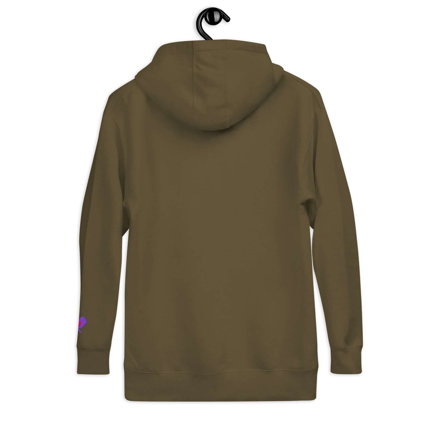 Back view of Women’s LOVE Pickleball Hoodie in olive green, showcasing cozy style and practicality.