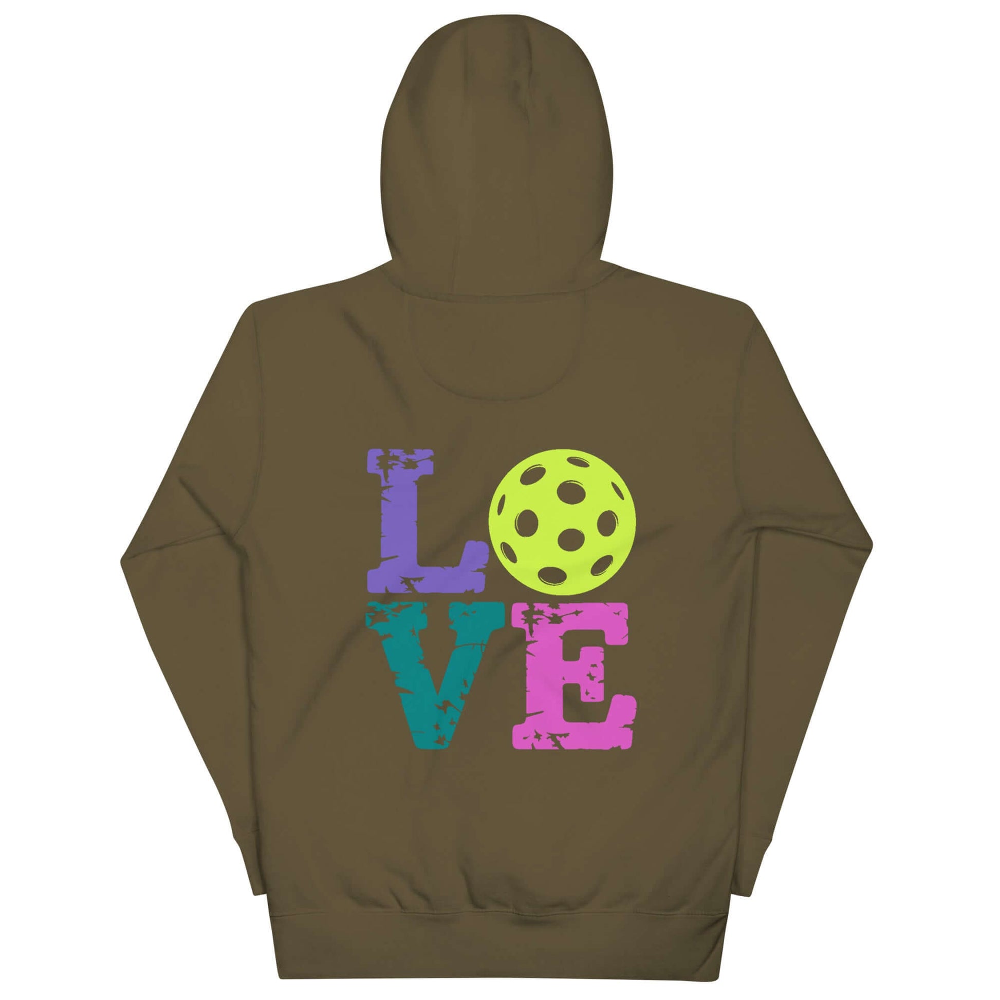 Back view of Women's LOVE Pickleball Hoodie in olive green with colorful 'LOVE' text and a pickleball graphic.