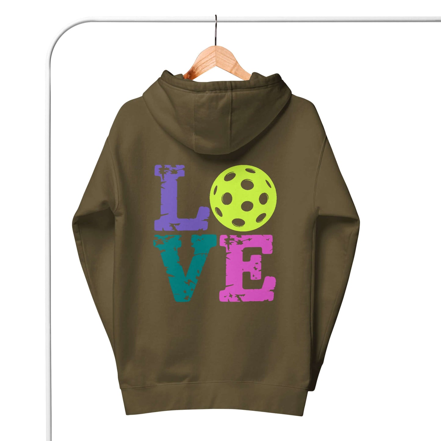 Women's LOVE Pickleball Hoodie featuring vibrant graphic design and a stylish back view.