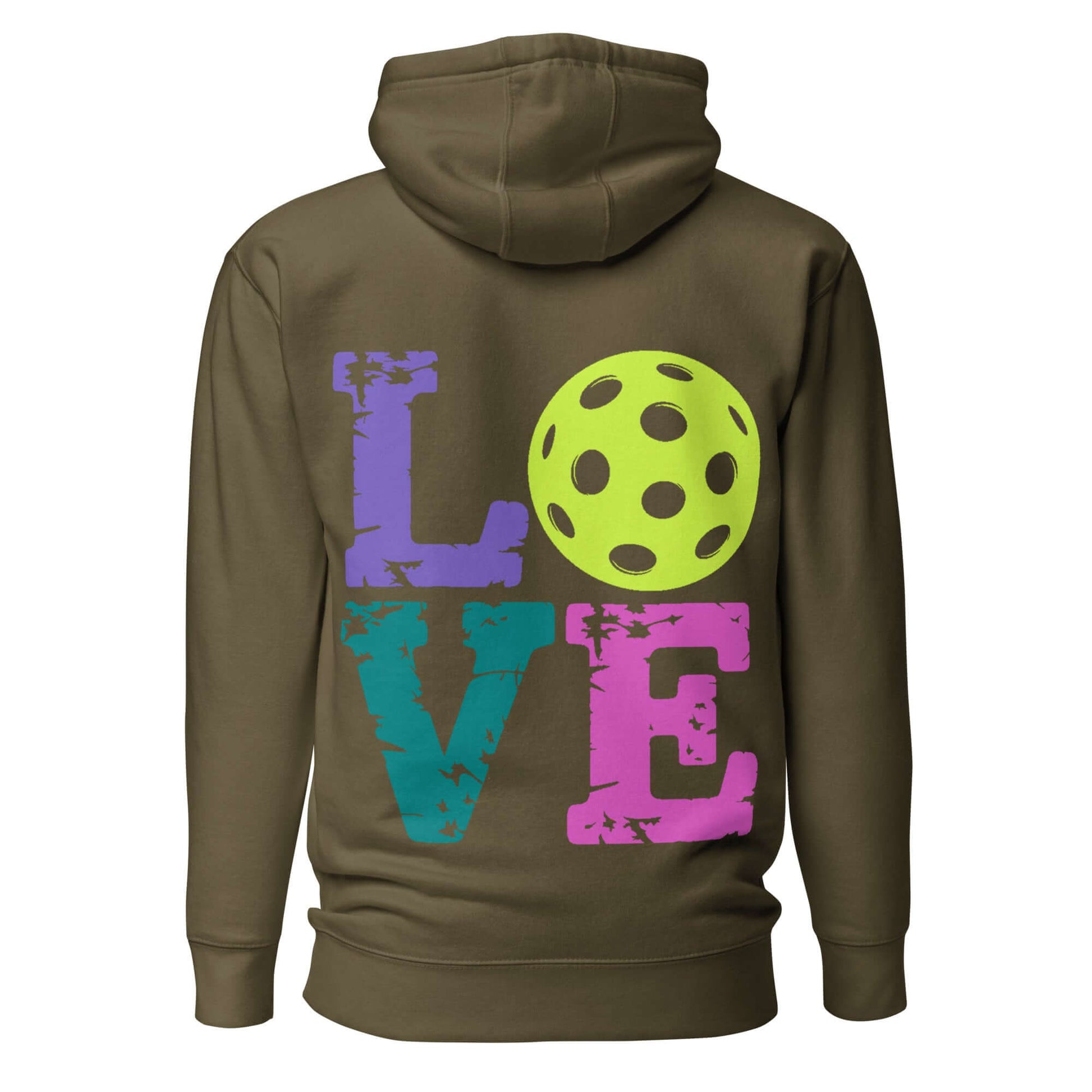 Back view of Women's LOVE Pickleball Hoodie featuring colorful letters and a pickleball graphic.