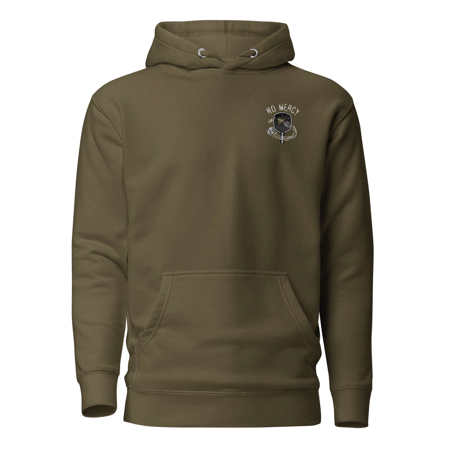 Olive green No Mercy Pickleball Series hoodie with front pouch pocket, featuring an embroidered pickleball paddle design.