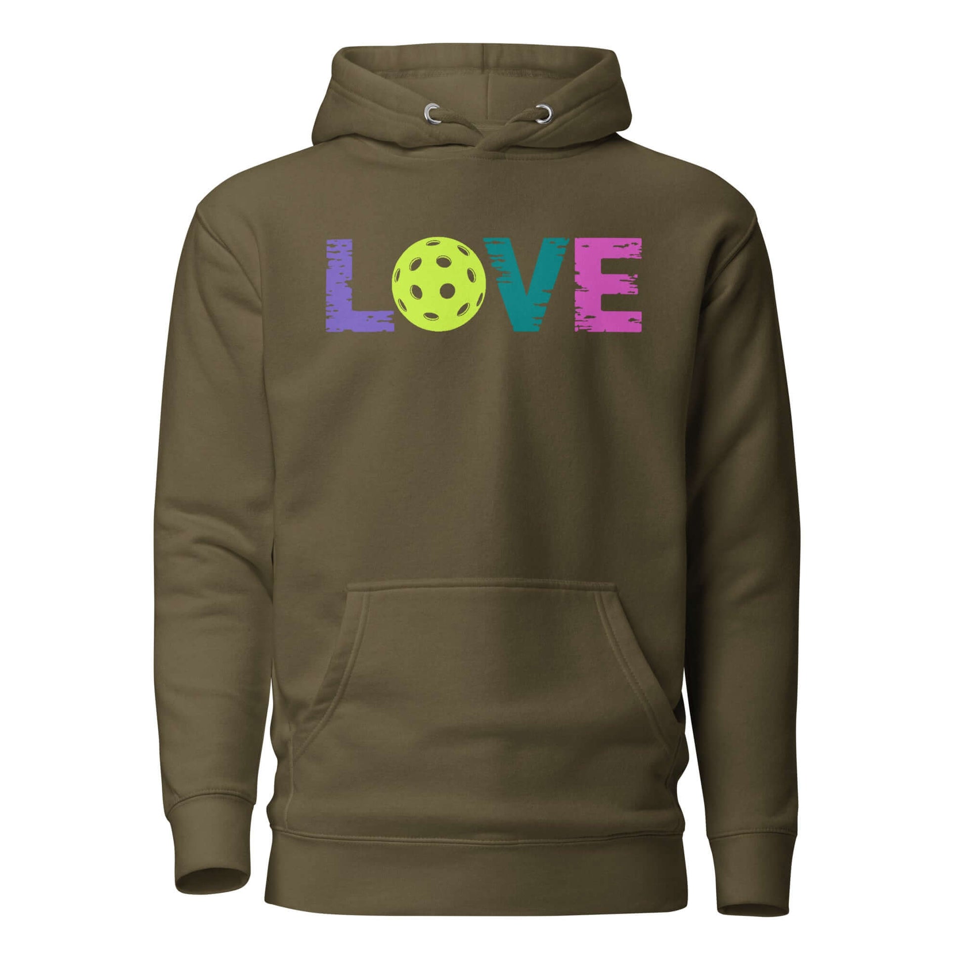 LOVE Pickleball Hoodie in olive green with colorful text and pickleball graphic, perfect for fans of the sport.