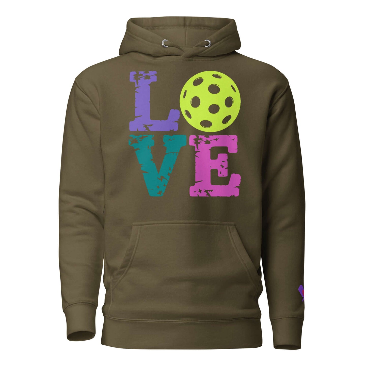 Women’s LOVE Pickleball Hoodie in olive green with colorful LOVE design and pickleball graphic.