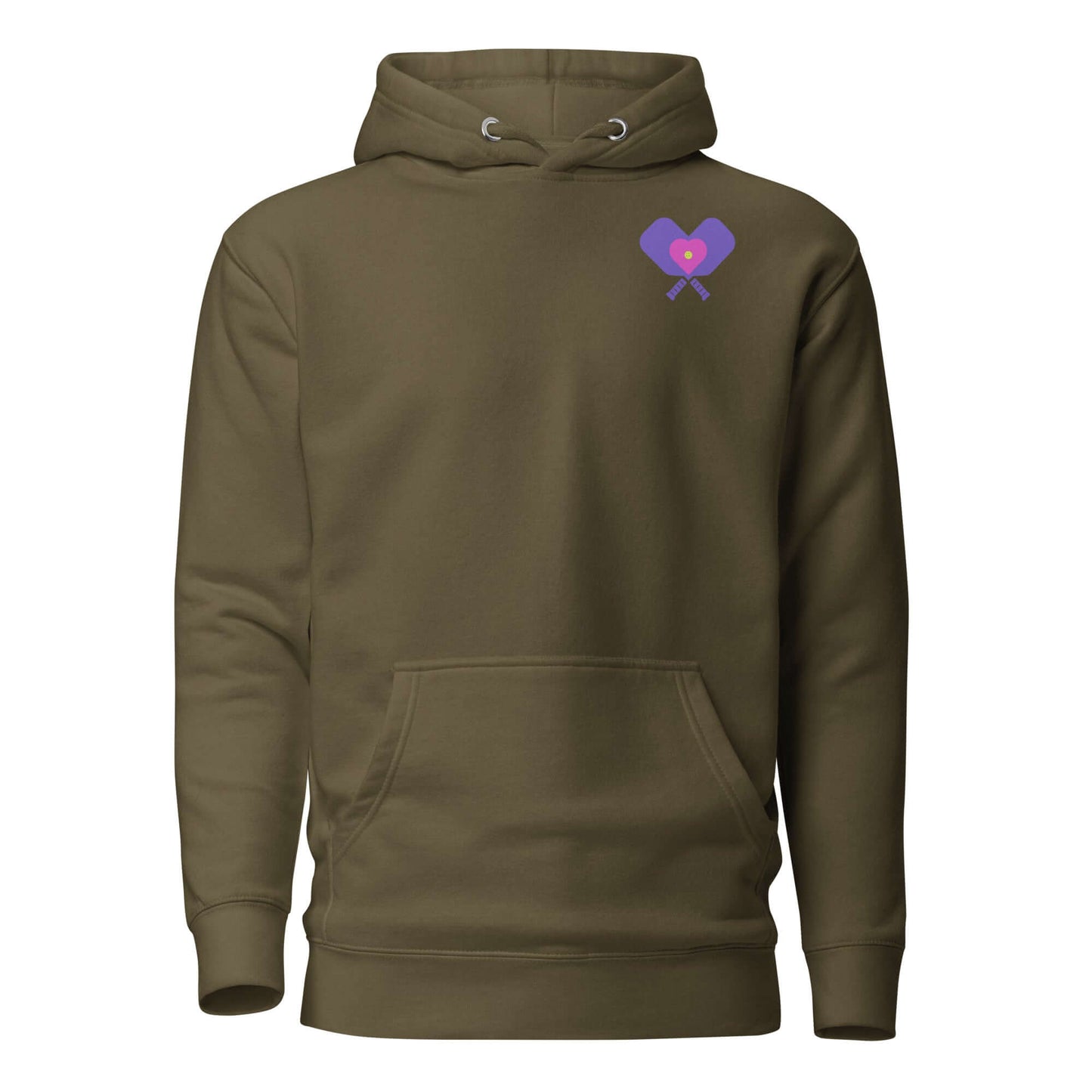 Women’s LOVE Pickleball Hoodie in olive green with heart and paddle graphic for comfort on and off the court.