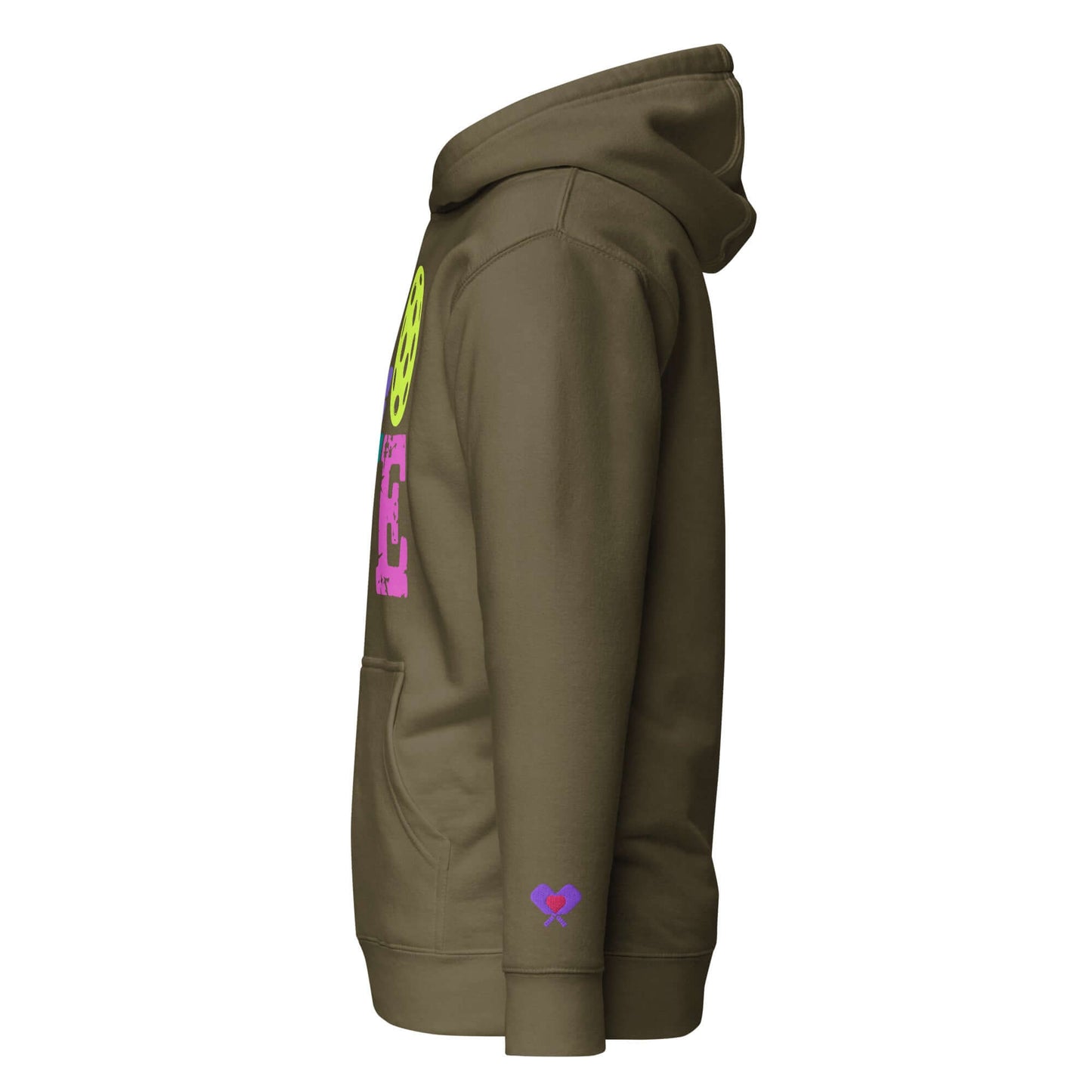 Side view of Women’s LOVE Pickleball Hoodie in olive green with colorful graphics, perfect for casual wear and pickleball fans.