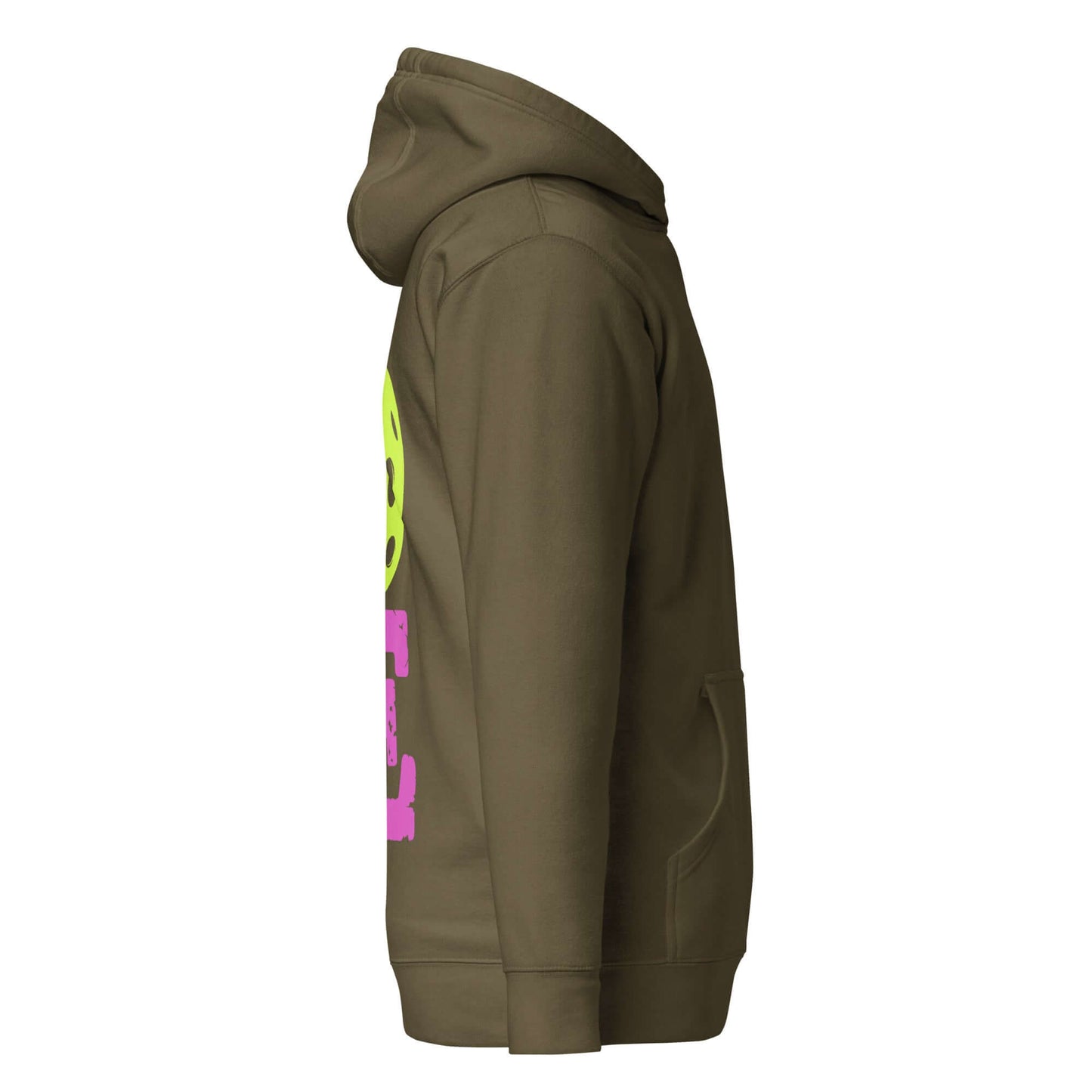 Side view of Women's LOVE Pickleball Hoodie in olive green, featuring colorful pickleball design for comfort and style.