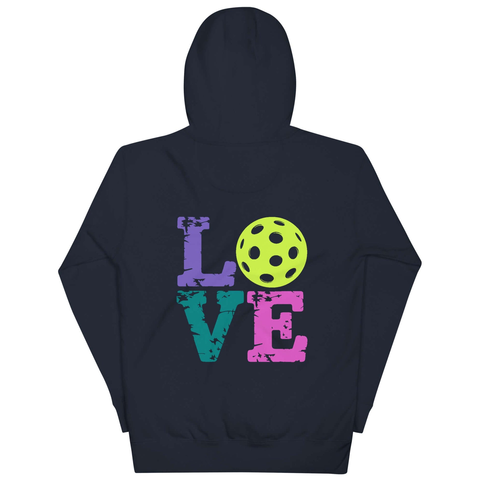 Women’s LOVE Pickleball Hoodie featuring colorful 'LOVE' graphic and pickleball design, perfect for players and fans.