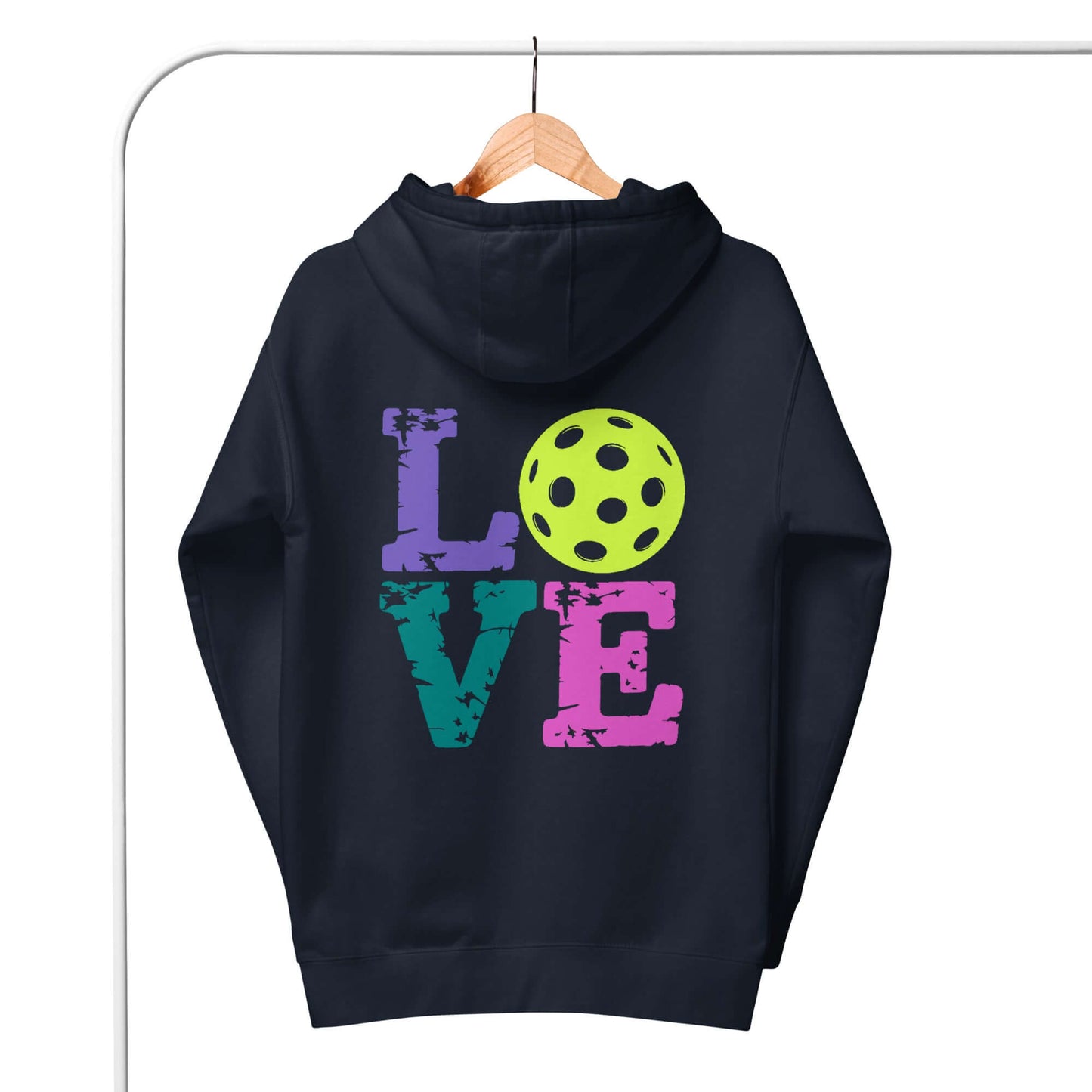 Women’s LOVE Pickleball Hoodie showcasing colorful text and a pickleball graphic on the back.