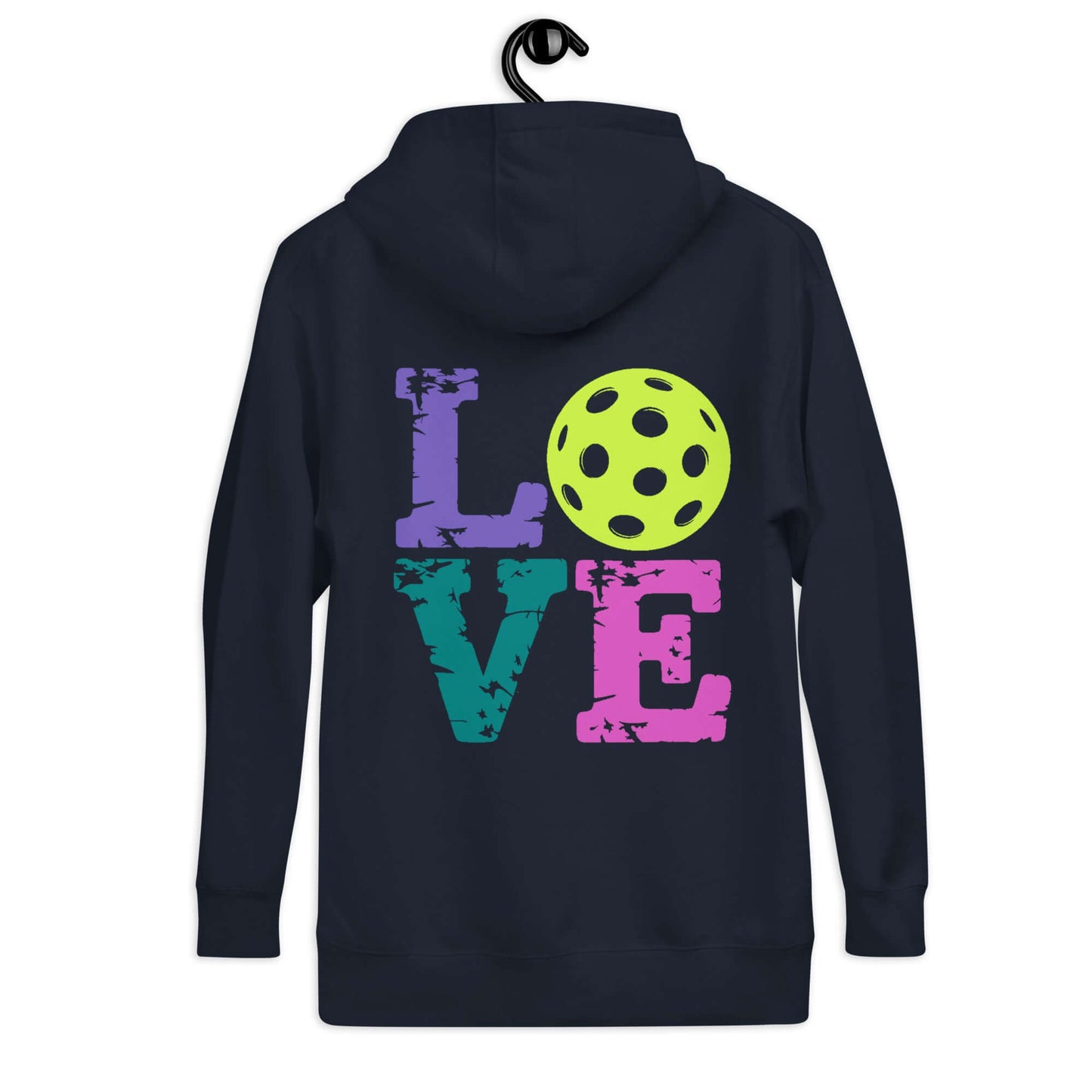 Back view of Women’s LOVE Pickleball Hoodie featuring colorful LOVE letters and a pickleball symbol.