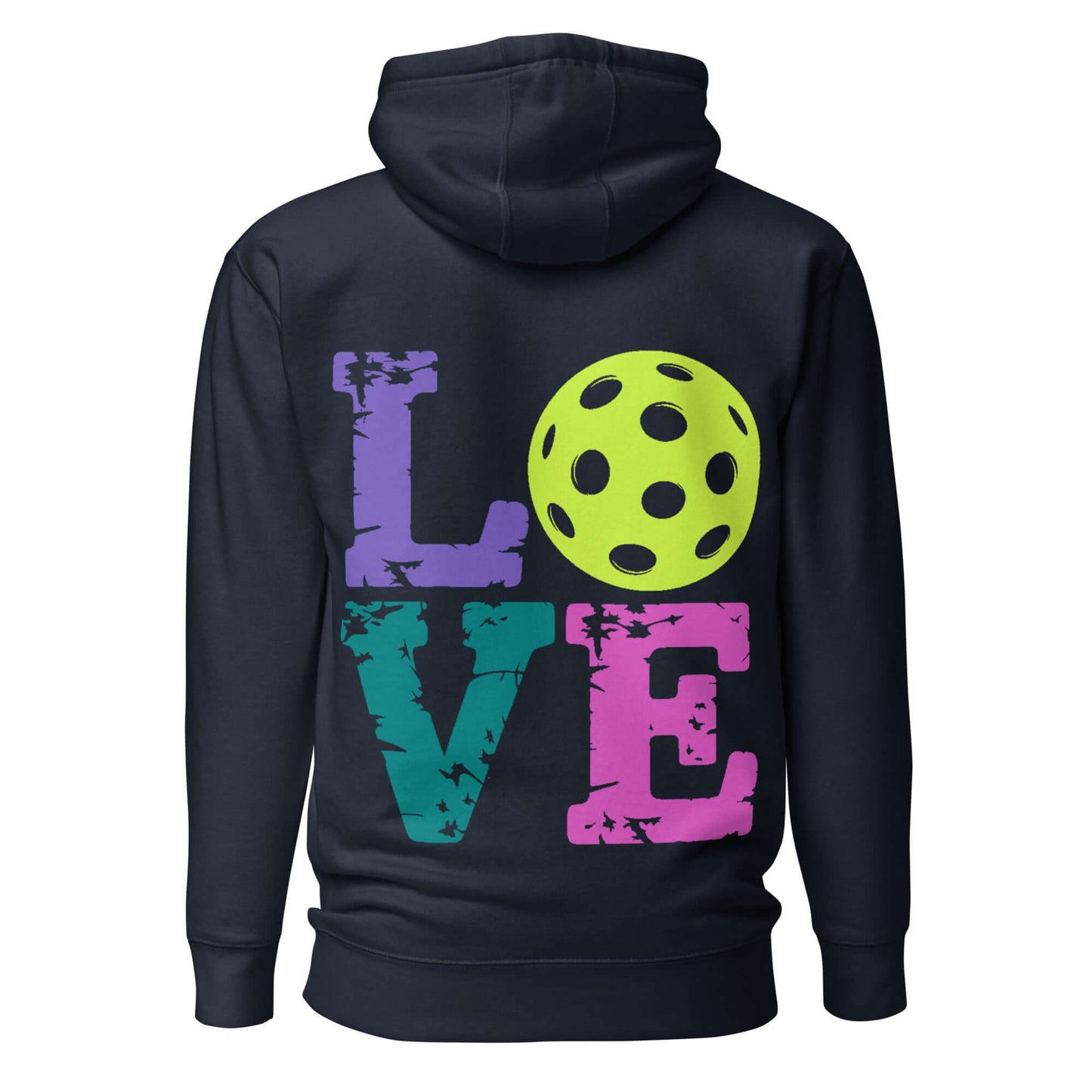 Women’s LOVE Pickleball Hoodie featuring colorful letters and a pickleball graphic on the back.