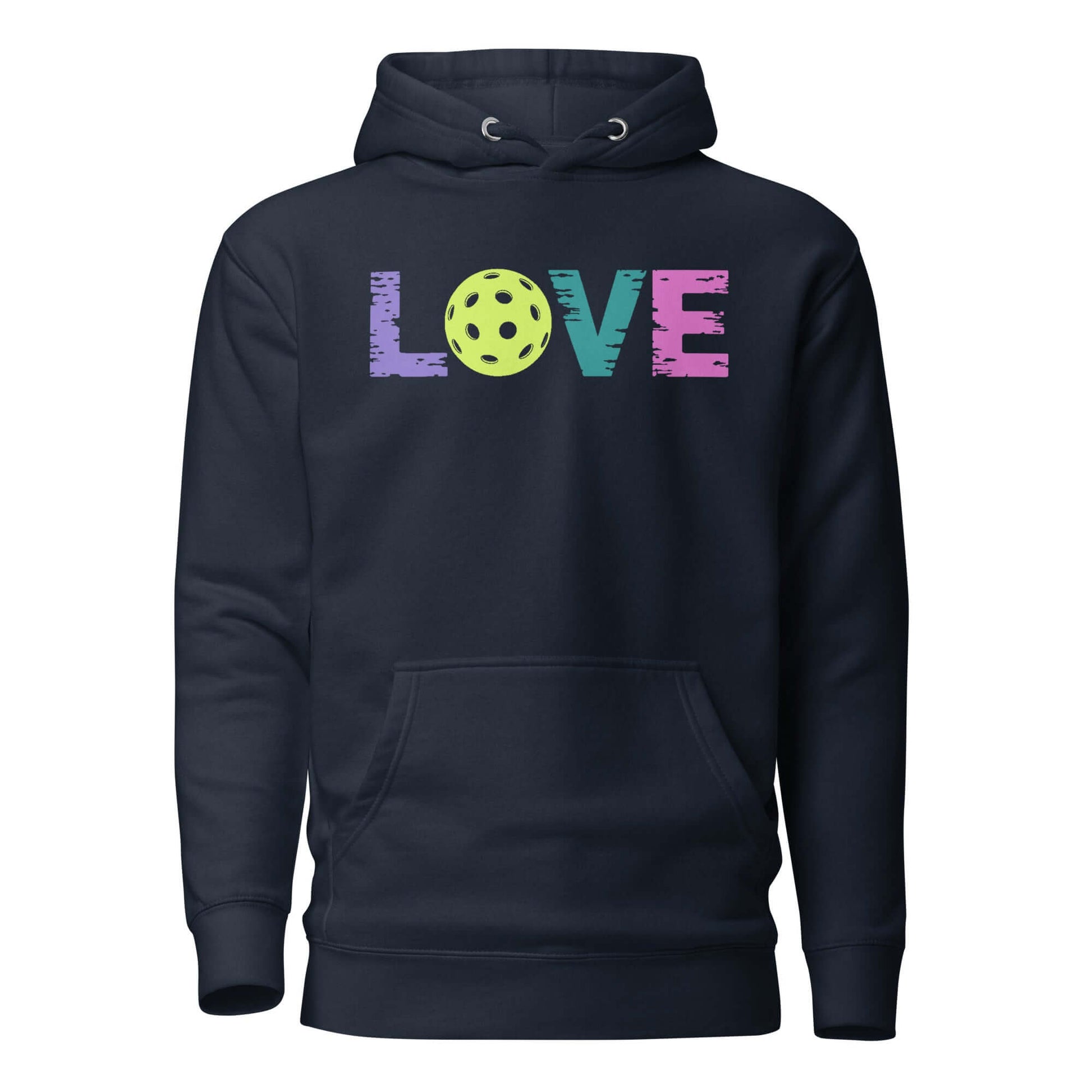 LOVE Pickleball Hoodie in navy featuring colorful text and pickleball design, perfect for fans of the sport.