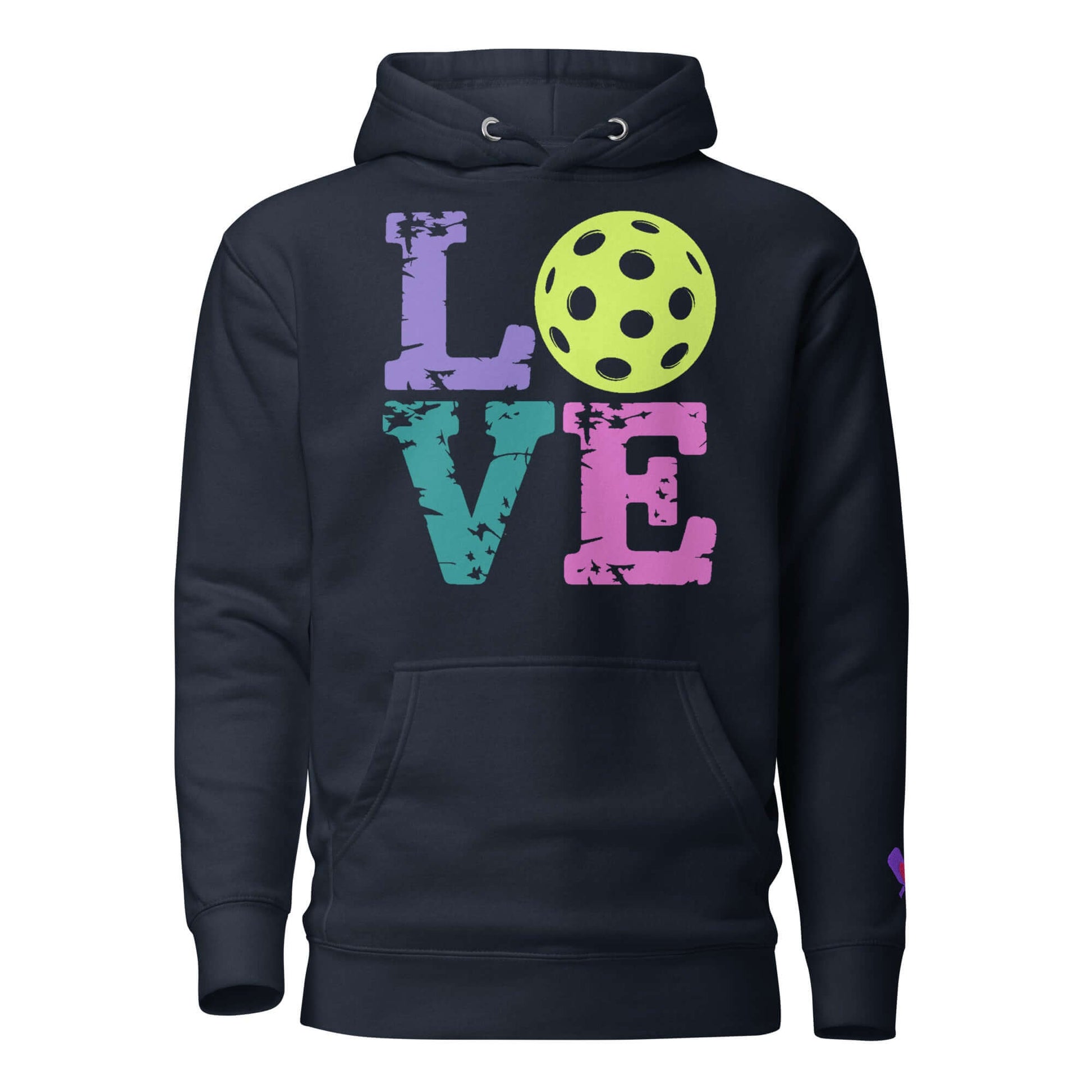 Women’s LOVE Pickleball Hoodie featuring colorful graphics and a cozy design, perfect for pickleball lovers.