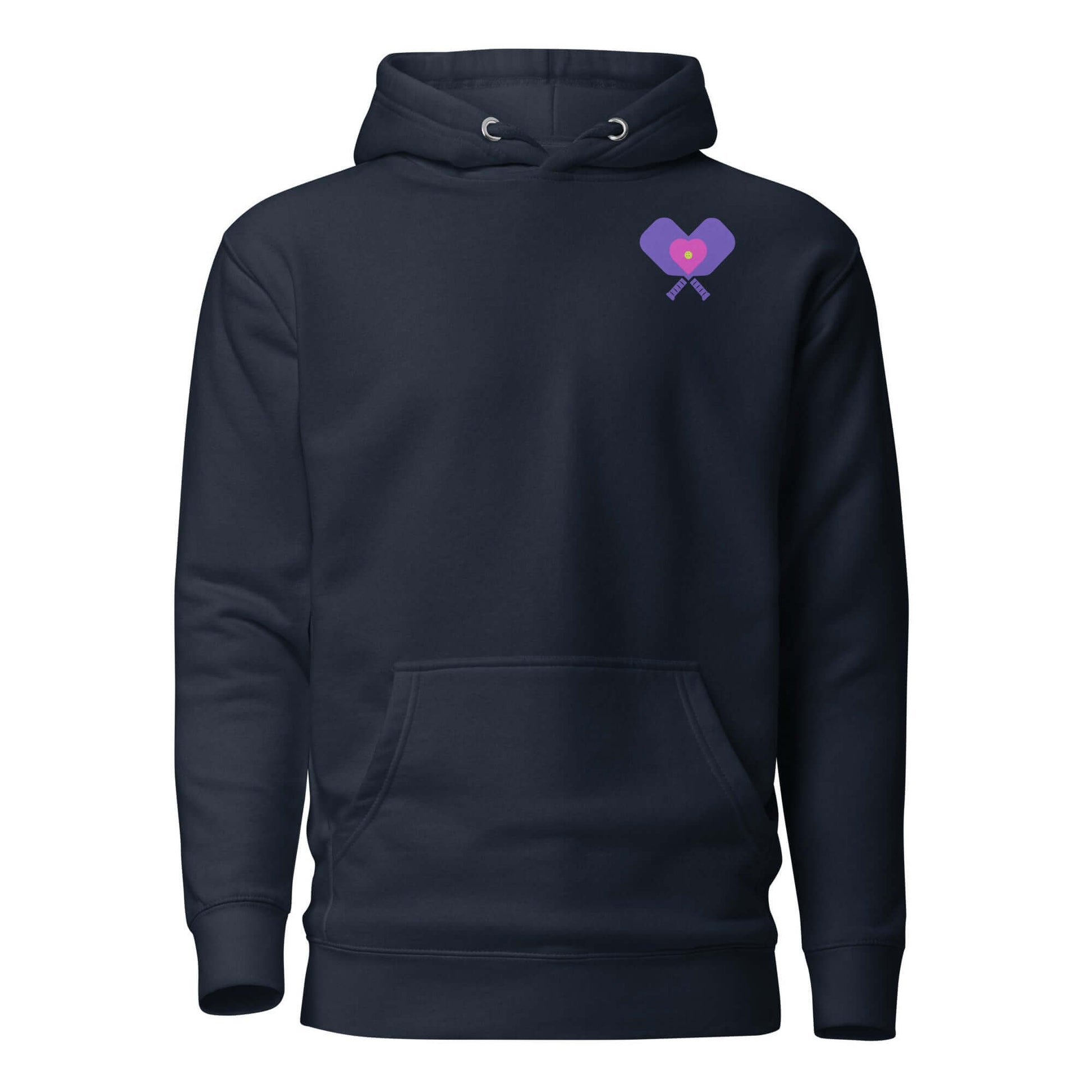 Women’s LOVE Pickleball Hoodie featuring a heart and paddles design, perfect for players and fans.