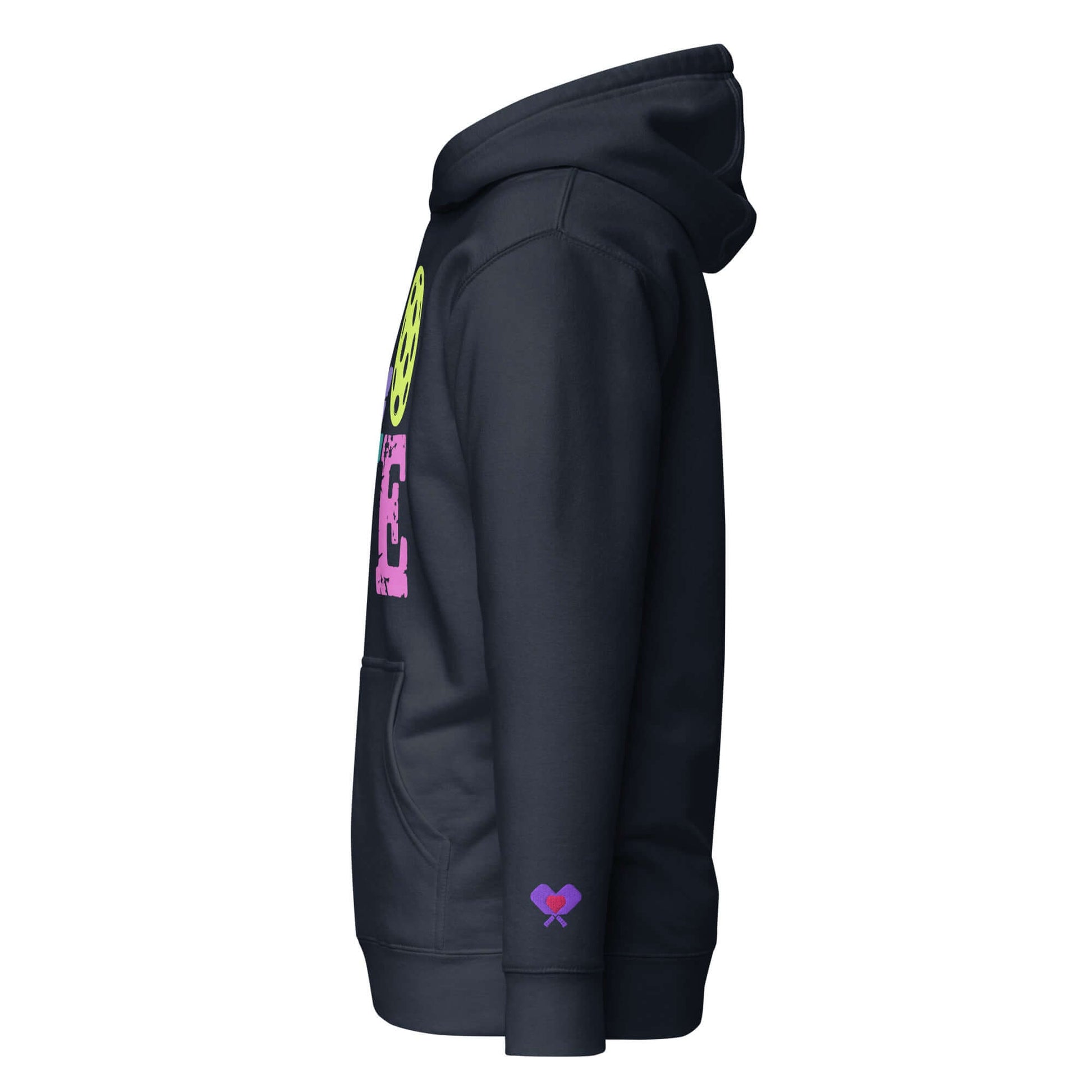 Side view of the Women’s LOVE Pickleball Hoodie in black featuring colorful graphics and a cozy design.