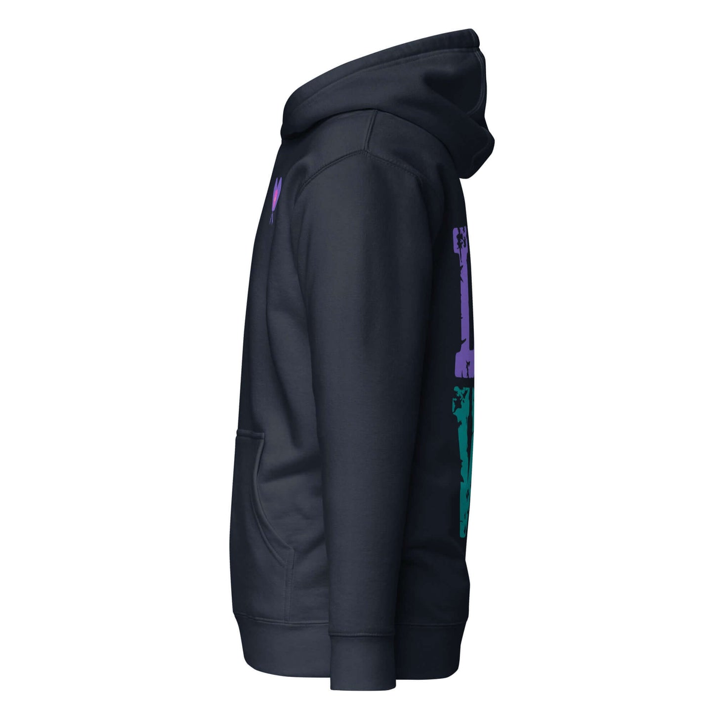 Side view of Women's LOVE Pickleball Hoodie in black, showcasing vibrant pickleball-themed design for comfort and style.