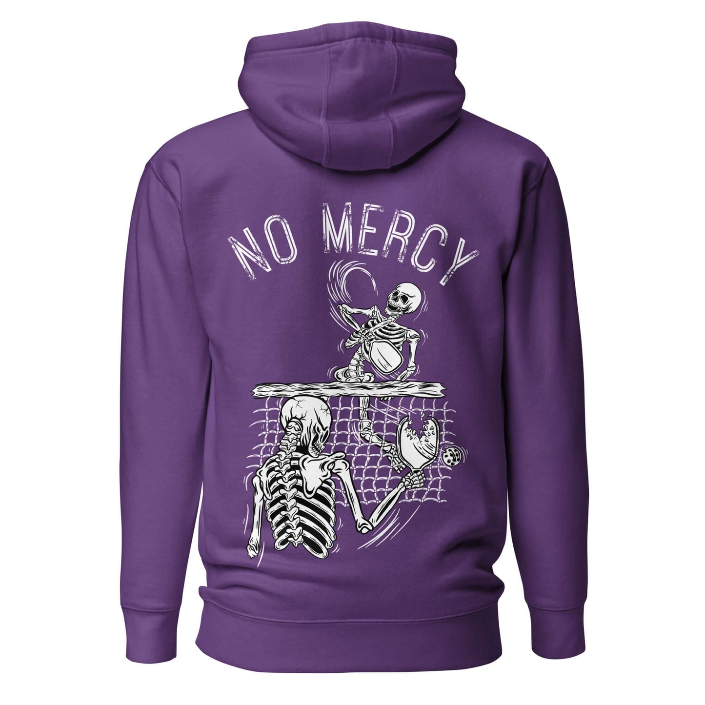 Purple No Mercy Pickleball Series Hoodie with skeleton graphic playing pickleball, combining comfort and style.