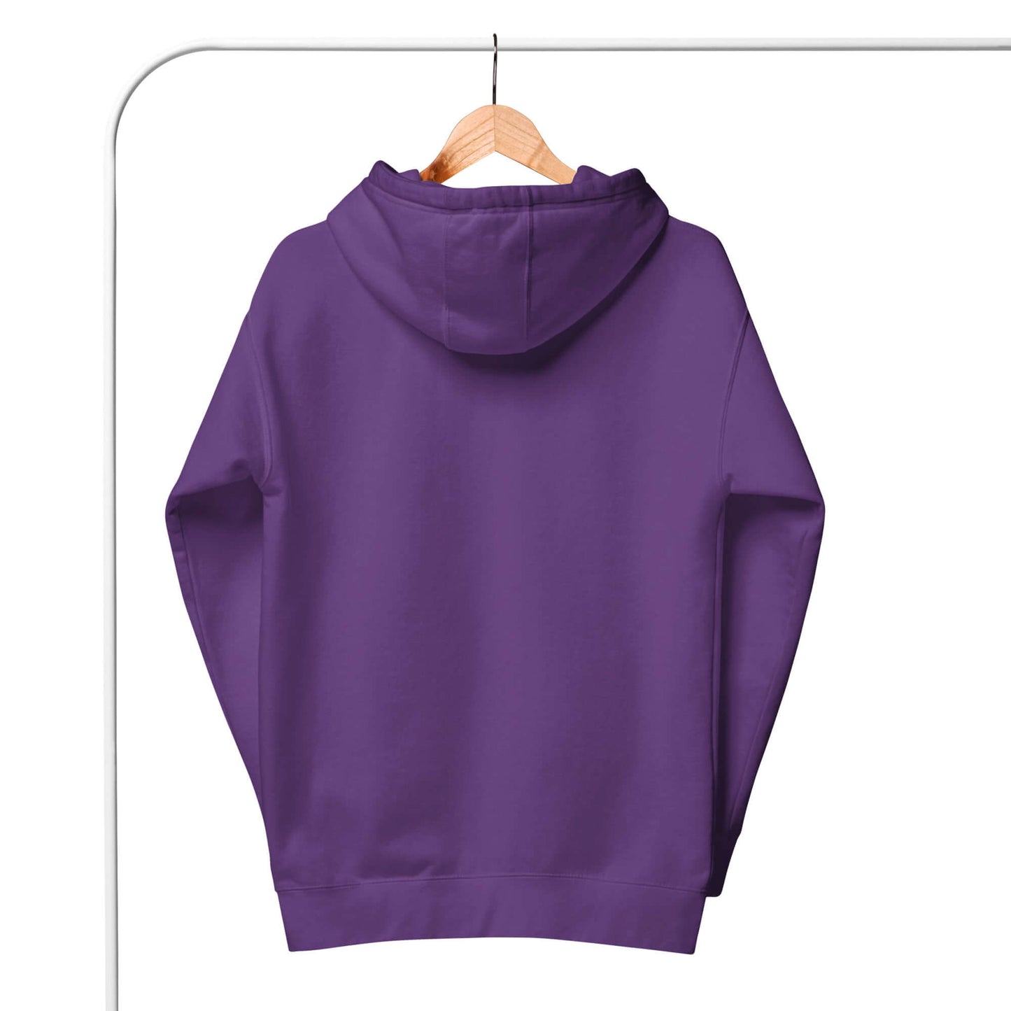 Back view of a purple Women's LOVE Pickleball Hoodie on a hanger, showcasing its cozy design and stylish hood.