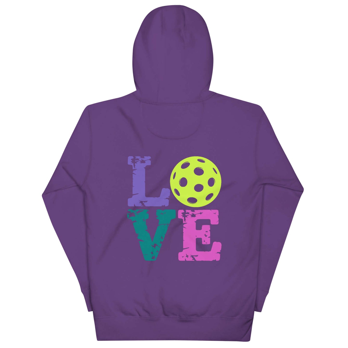 Women’s LOVE Pickleball Hoodie in purple, featuring colorful 'LOVE' text and a pickleball graphic.