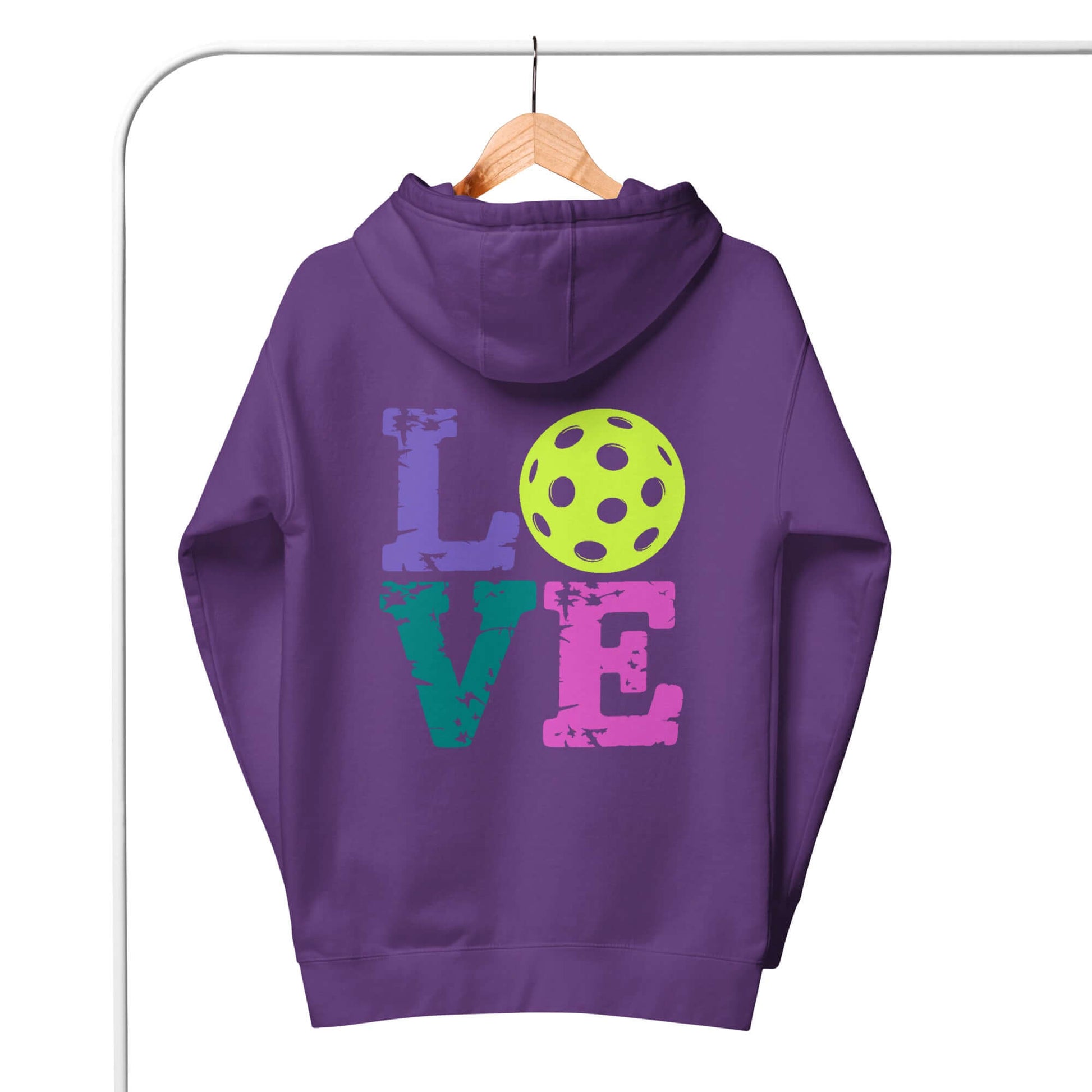 Women's LOVE Pickleball Hoodie in purple with colorful lettering and a pickleball graphic.