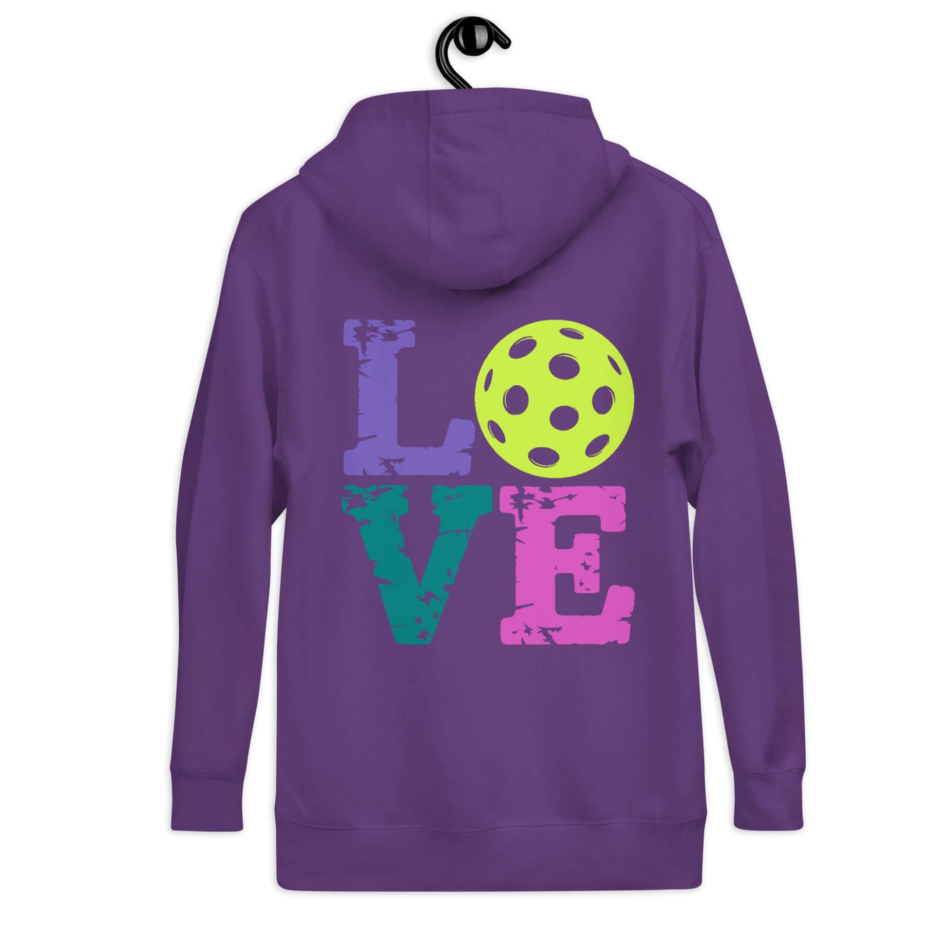 Back view of Women's LOVE Pickleball Hoodie in purple featuring colorful lettering and a pickleball graphic.