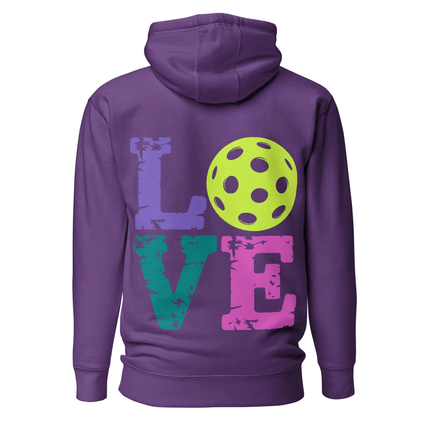 Back view of purple Women’s LOVE Pickleball Hoodie featuring vibrant colorful text and a pickleball graphic.