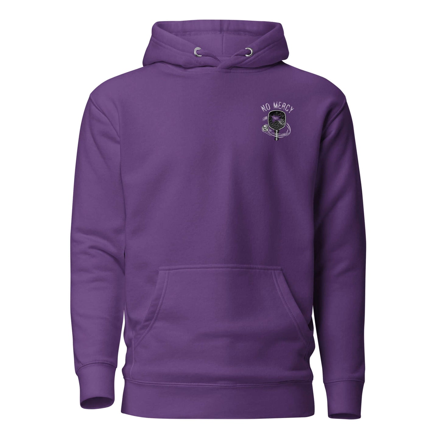 Purple No Mercy Pickleball Ultimate Comfort Hoodie with front pouch pocket and embroidered logo.