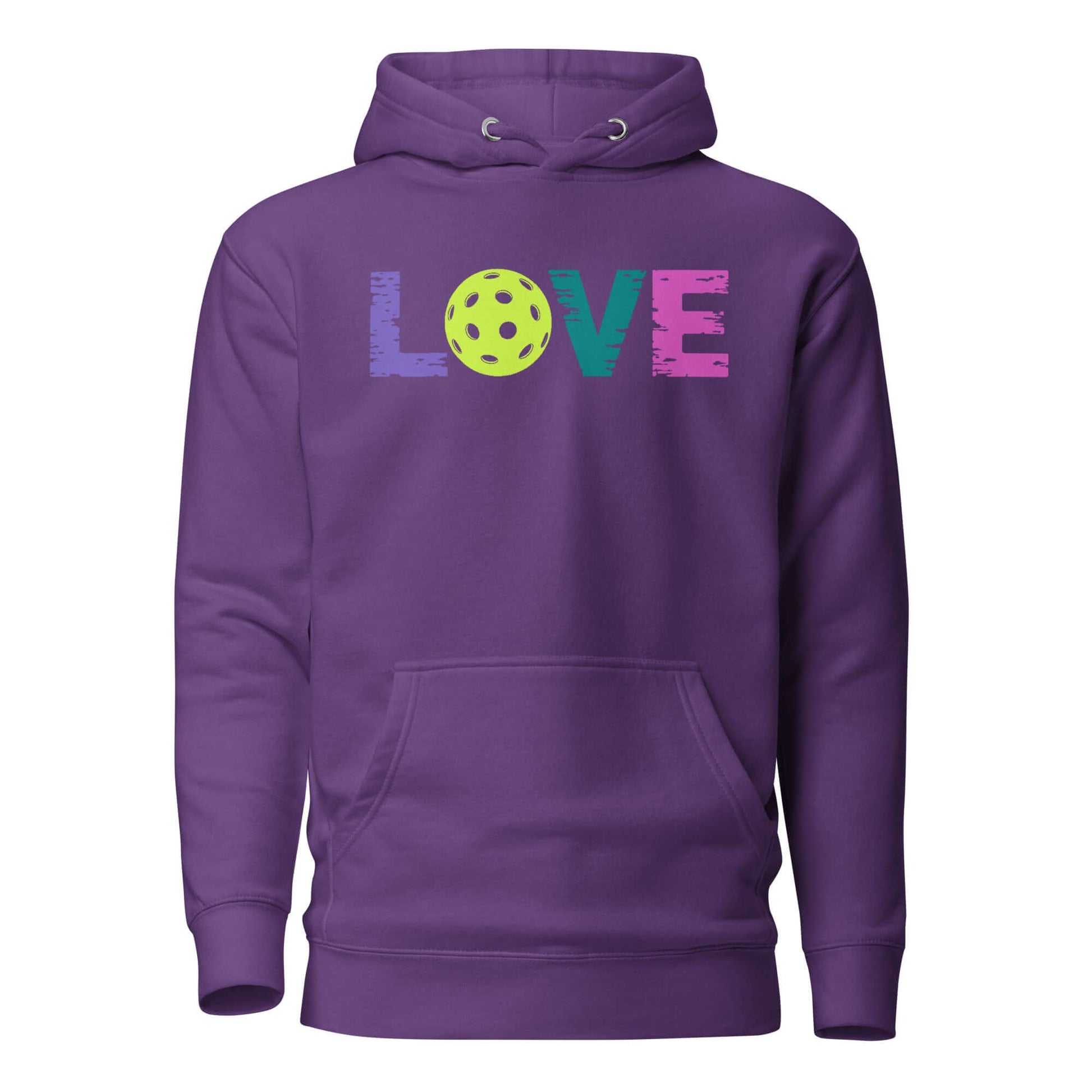 LOVE Pickleball Hoodie in purple, featuring colorful lettering and a playful pickleball design for ultimate comfort.