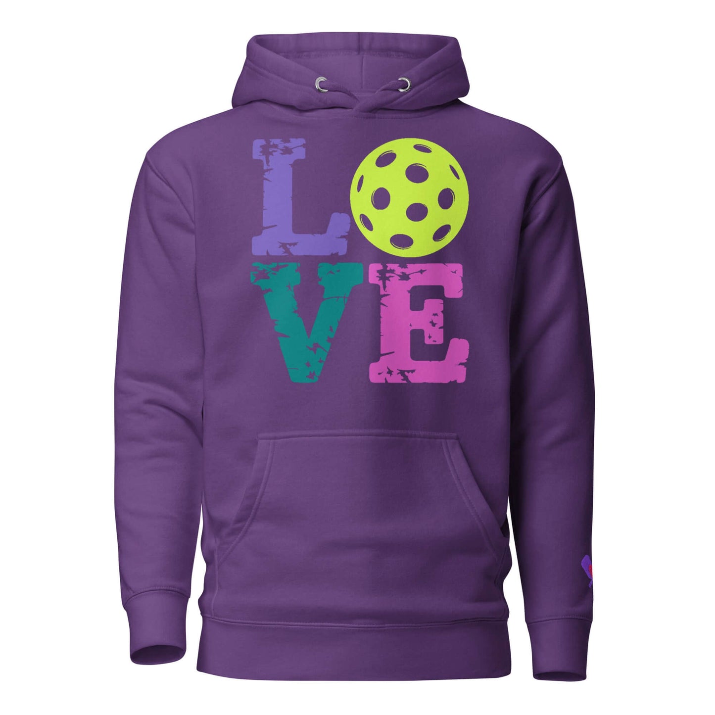 Purple women’s hoodie featuring colorful 'LOVE' design and pickleball graphic, perfect for enthusiastic players.