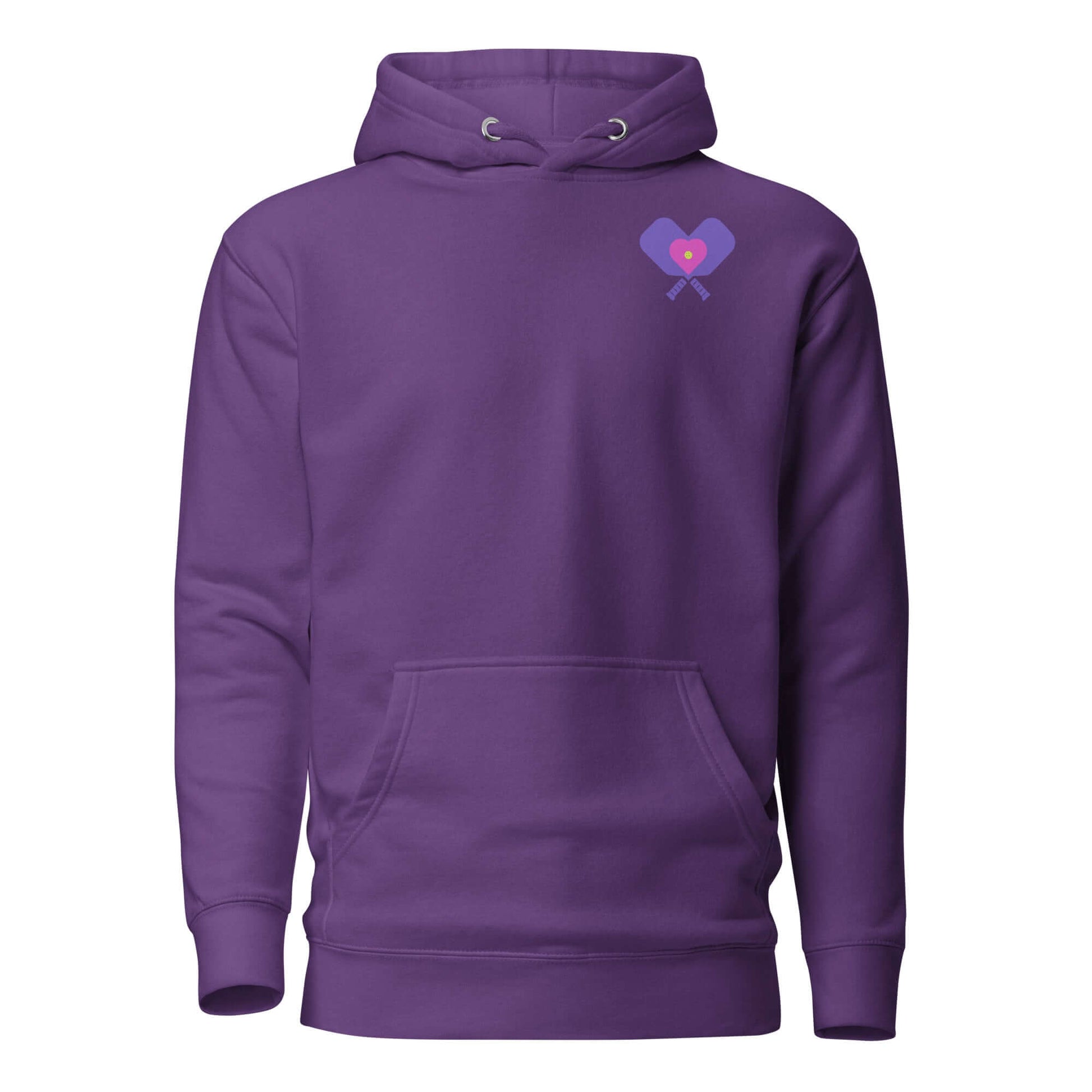 Women’s LOVE Pickleball Hoodie in purple with heart and paddle design, perfect for comfort and style on and off the court.