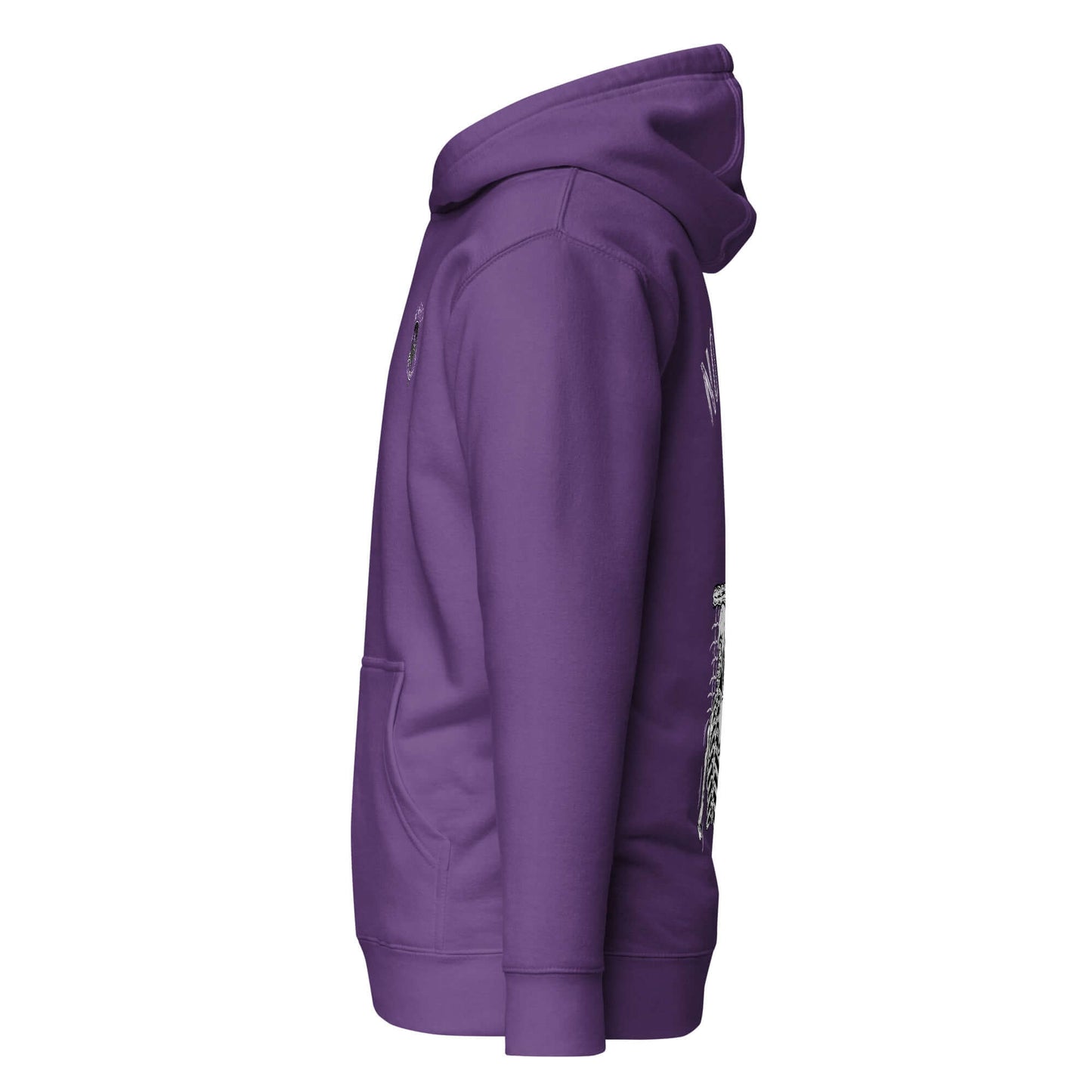 Purple No Mercy Pickleball Series Ultimate Comfort Hoodie side view with front pouch pocket, made from cotton and polyester blend.