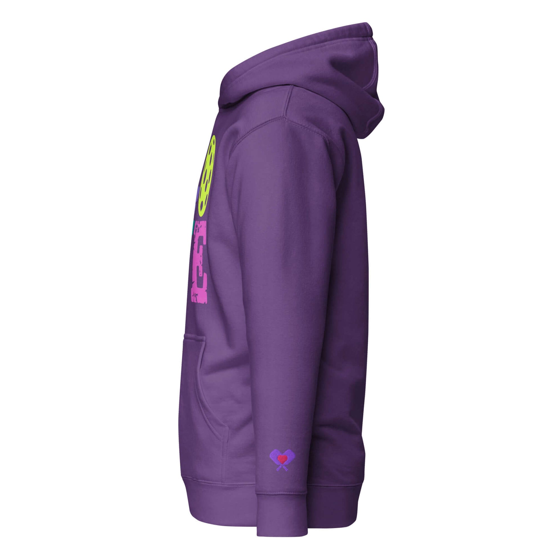 Side view of Women's LOVE Pickleball Hoodie in purple, showcasing style and comfort for pickleball enthusiasts.